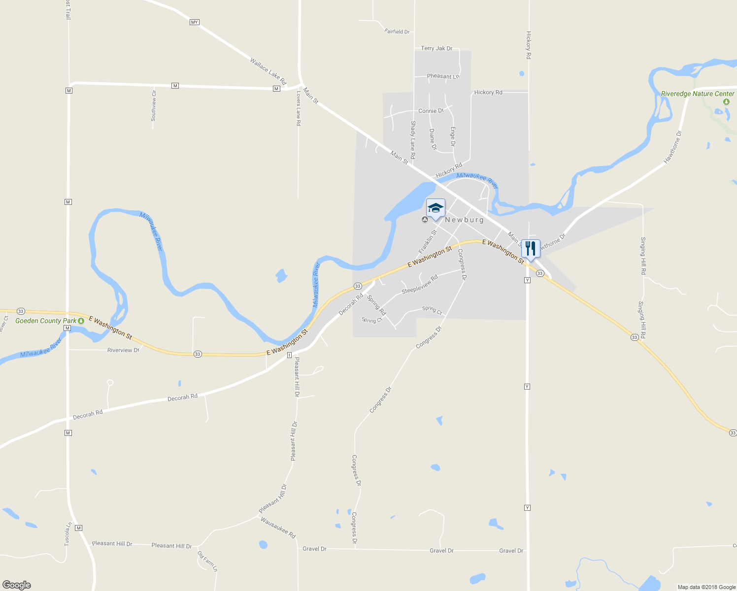 map of restaurants, bars, coffee shops, grocery stores, and more near 935 Spring Road in West Bend