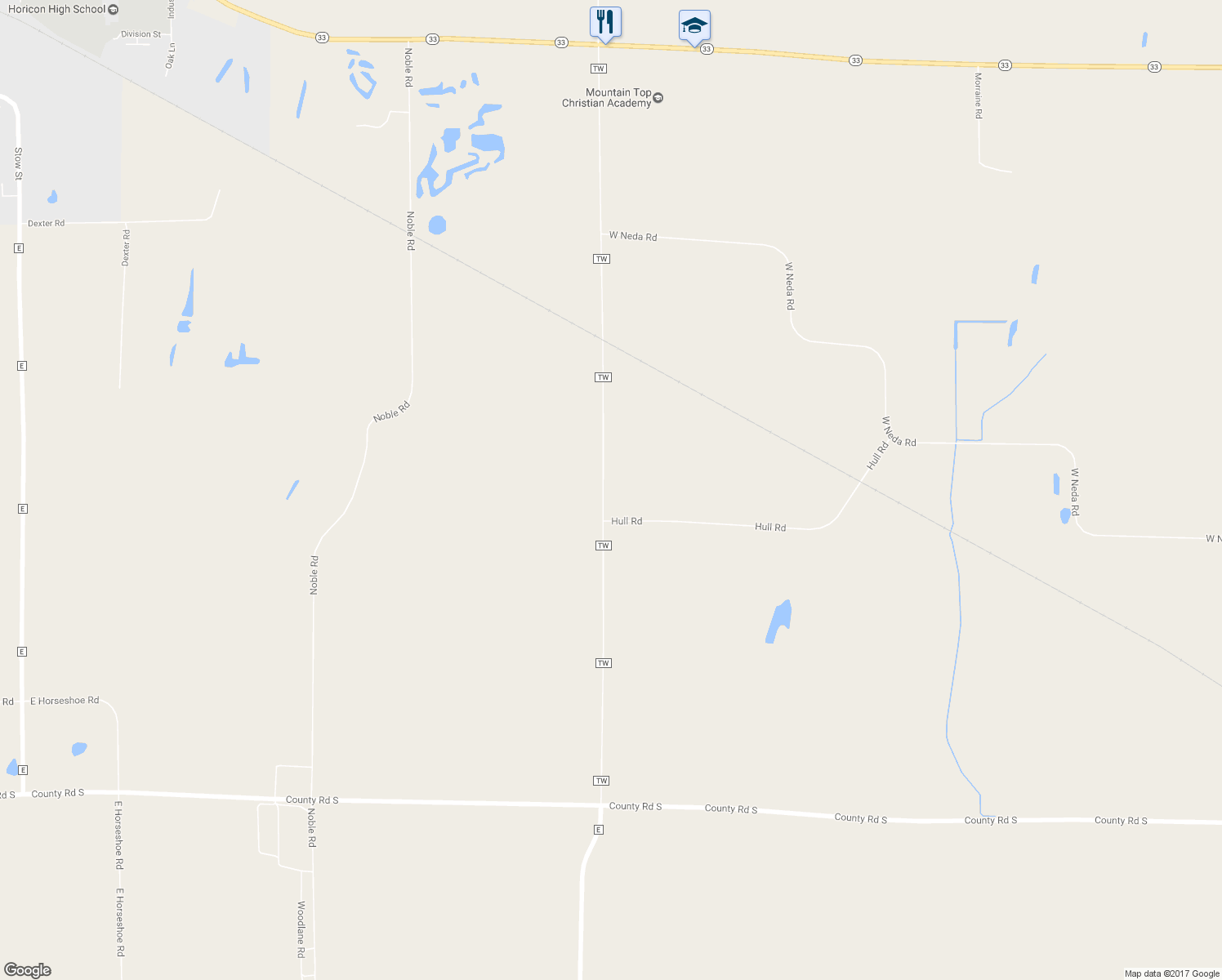 map of restaurants, bars, coffee shops, grocery stores, and more near N6436 County Road TW in Horicon
