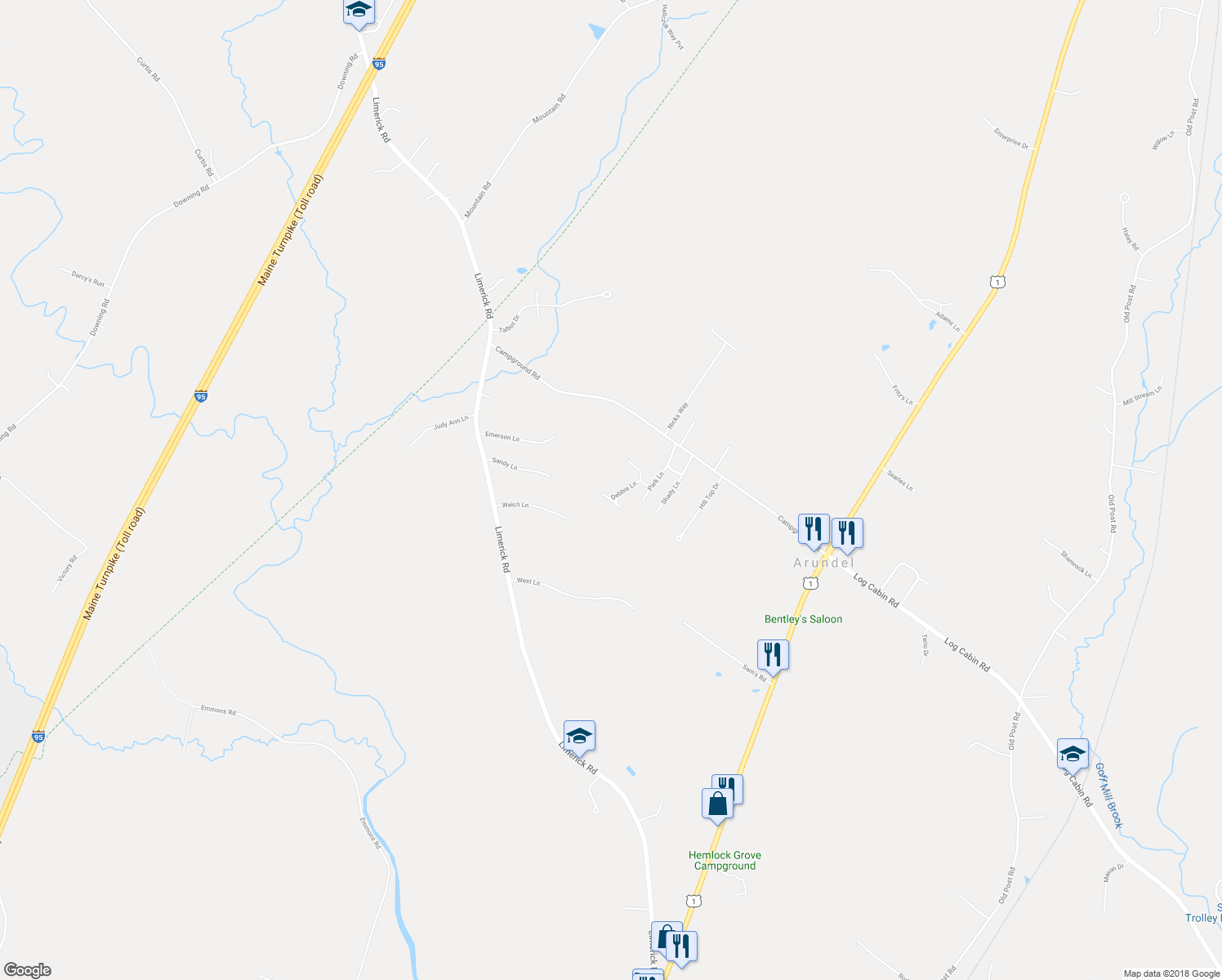 map of restaurants, bars, coffee shops, grocery stores, and more near 10 Debbie Lane in Arundel