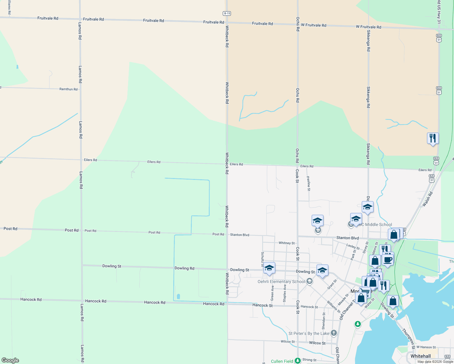 map of restaurants, bars, coffee shops, grocery stores, and more near 9304 Whitbeck Road in Montague