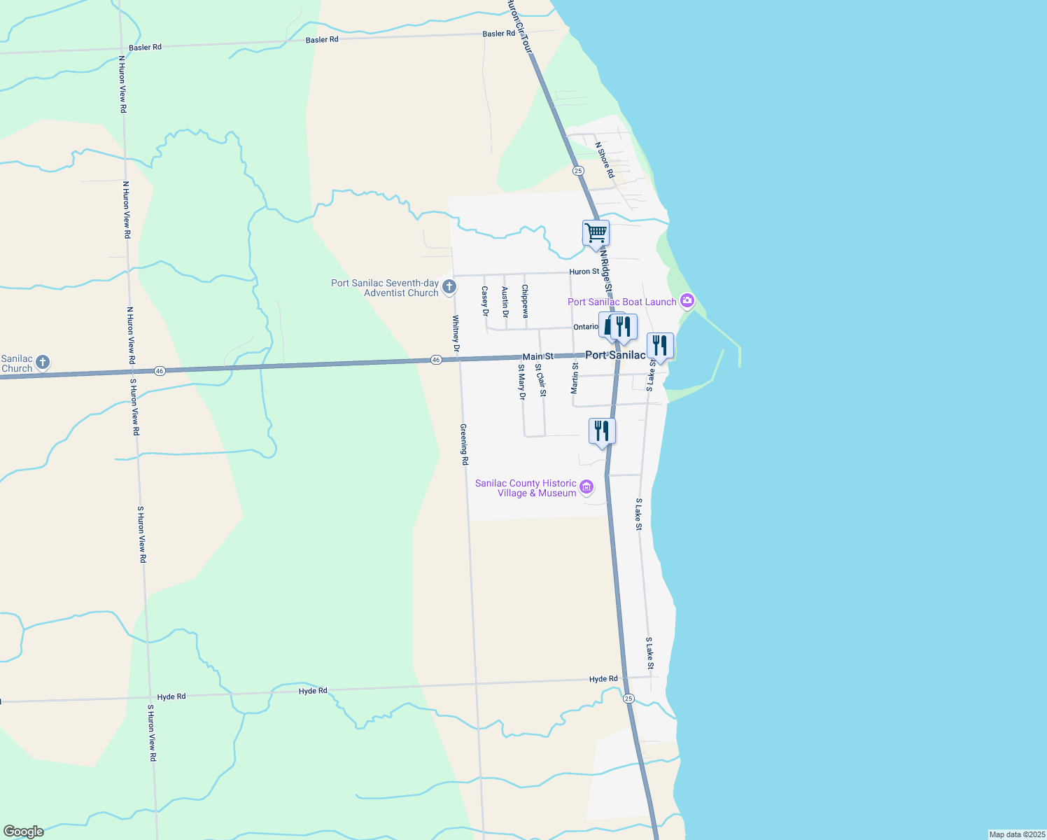 map of restaurants, bars, coffee shops, grocery stores, and more near 43 Saint Mary Drive in Port Sanilac
