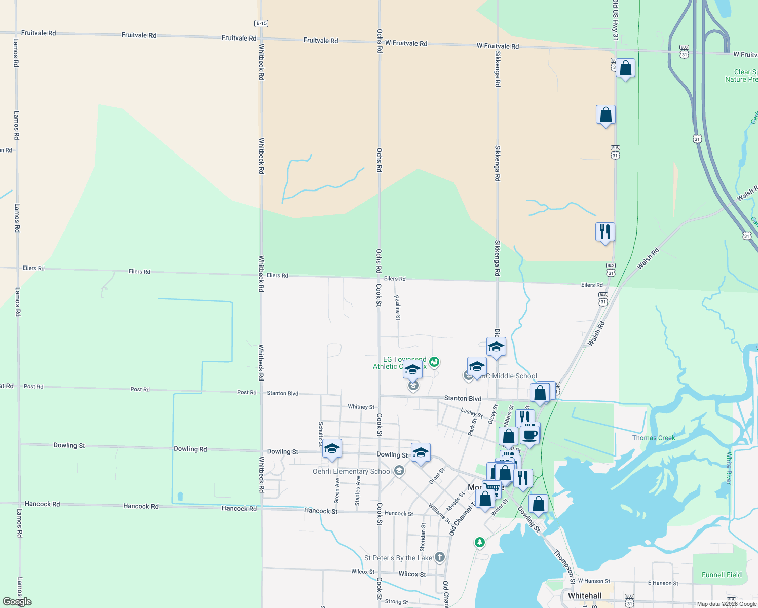 map of restaurants, bars, coffee shops, grocery stores, and more near 9304 Cook Street in Montague