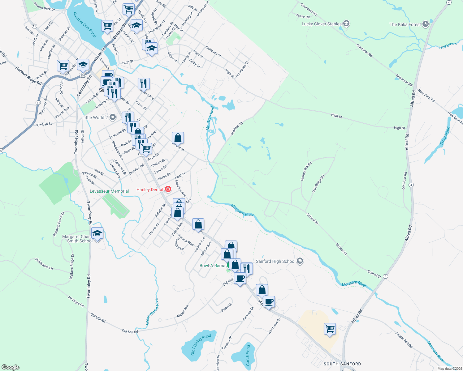 map of restaurants, bars, coffee shops, grocery stores, and more near 42 Hutchinson Street in Sanford