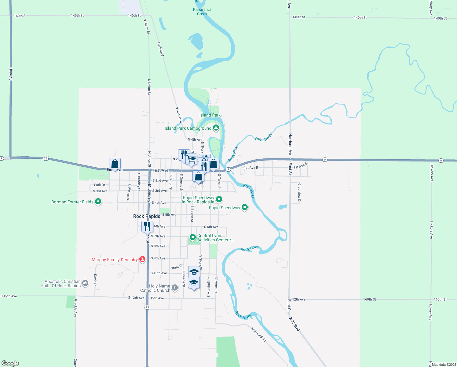 map of restaurants, bars, coffee shops, grocery stores, and more near 204 Benton Street in Rock Rapids