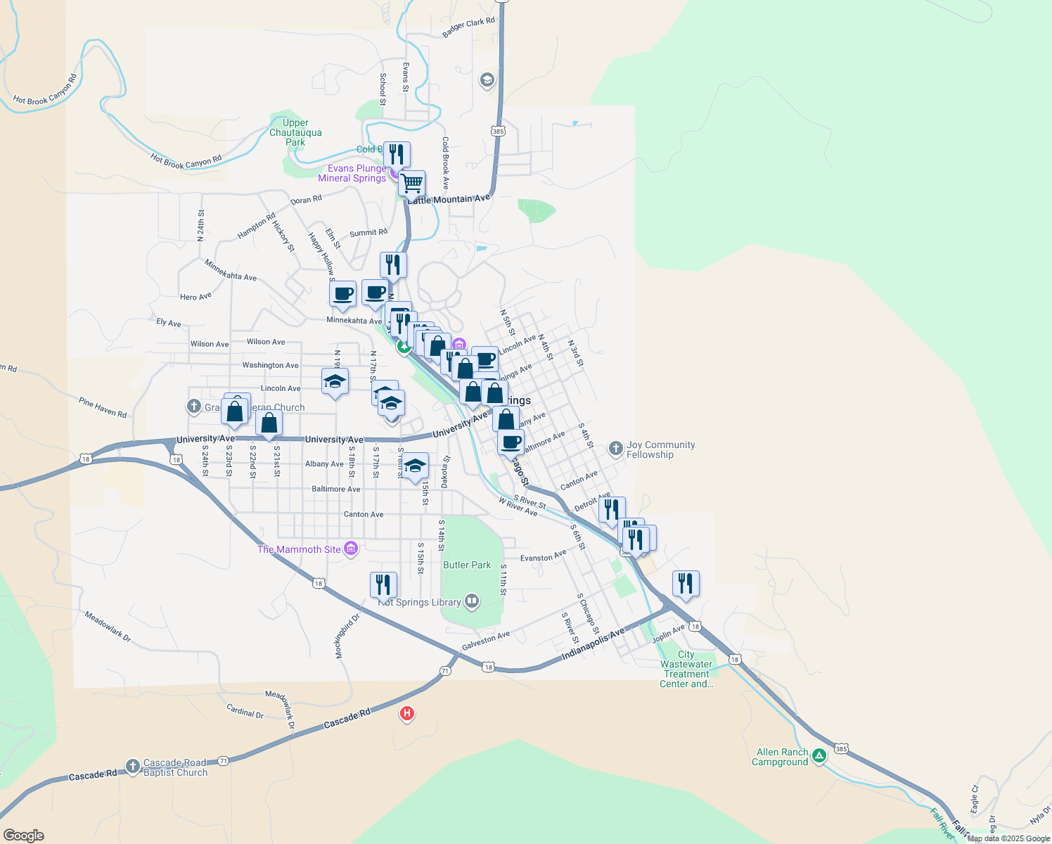 map of restaurants, bars, coffee shops, grocery stores, and more near 199 S 6th St in Hot Springs