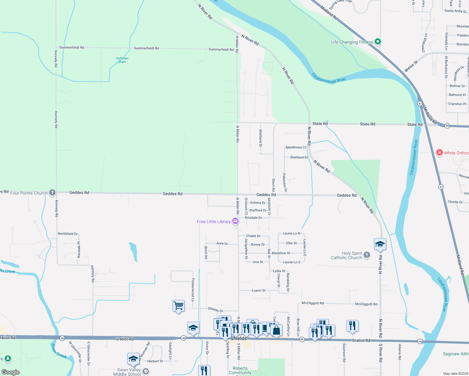 map of restaurants, bars, coffee shops, grocery stores, and more near 1541 North Miller Road in Saginaw