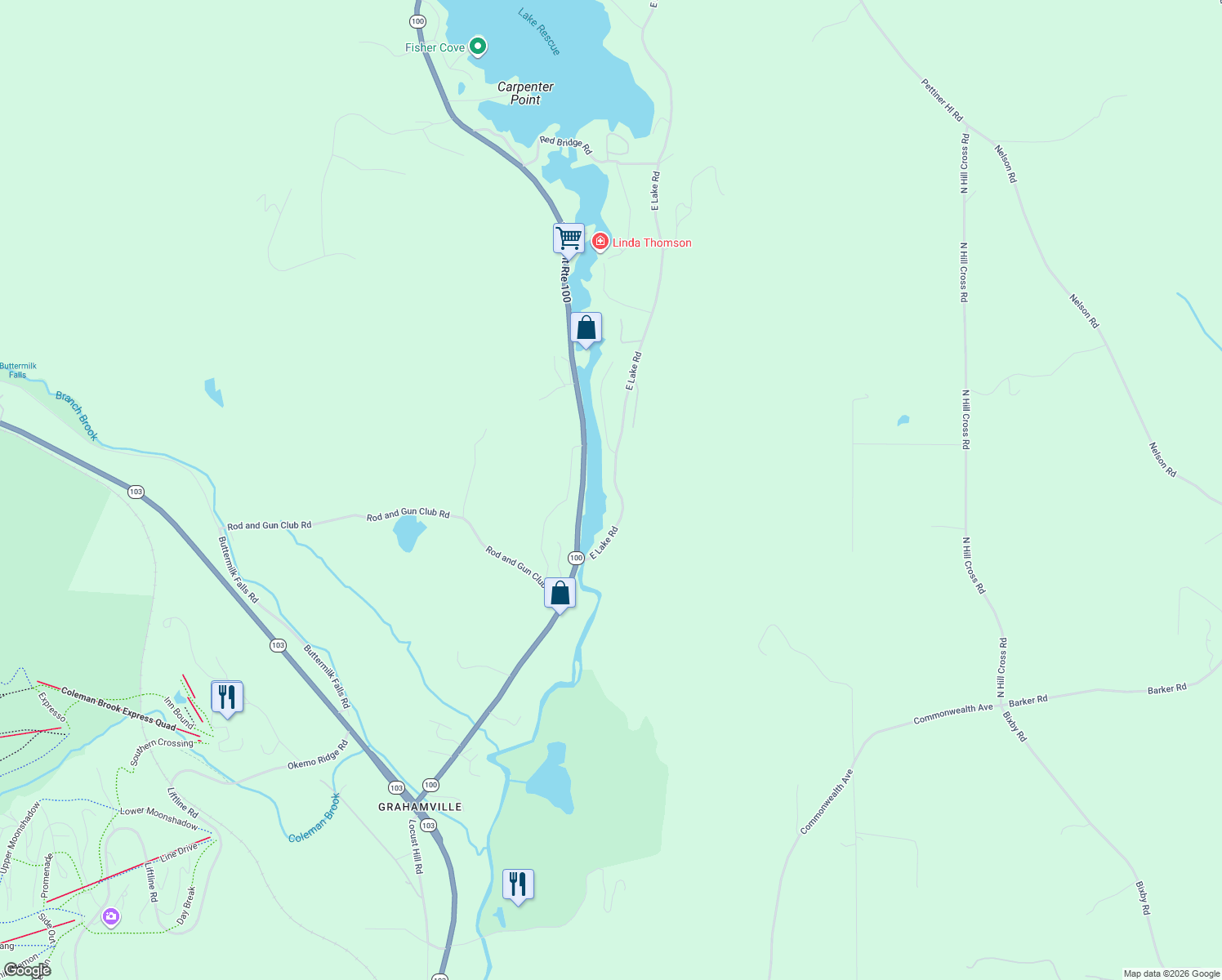 map of restaurants, bars, coffee shops, grocery stores, and more near 130 East Lake Road in Windsor County