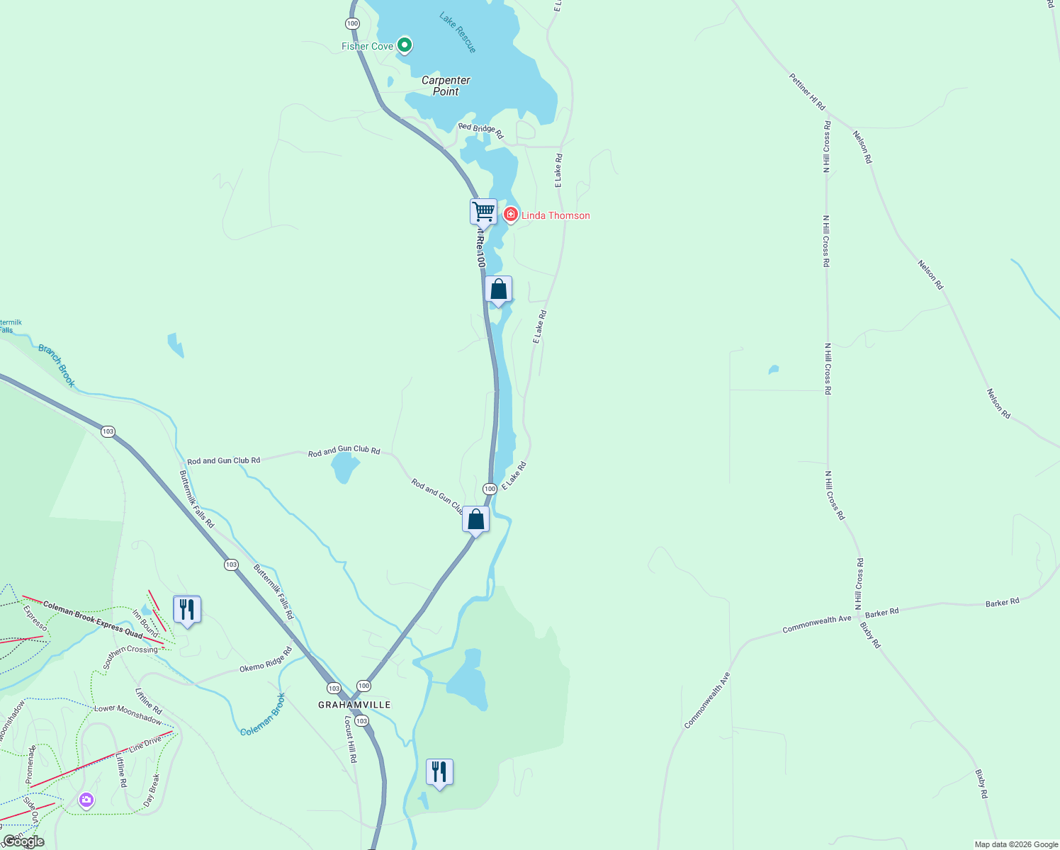 map of restaurants, bars, coffee shops, grocery stores, and more near 130 East Lake Road in Windsor County
