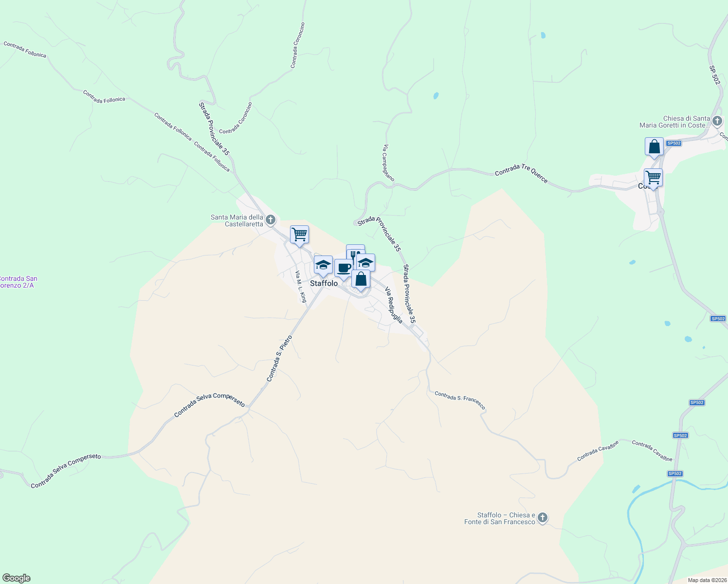 map of restaurants, bars, coffee shops, grocery stores, and more near 7 Via Concordia in Staffolo