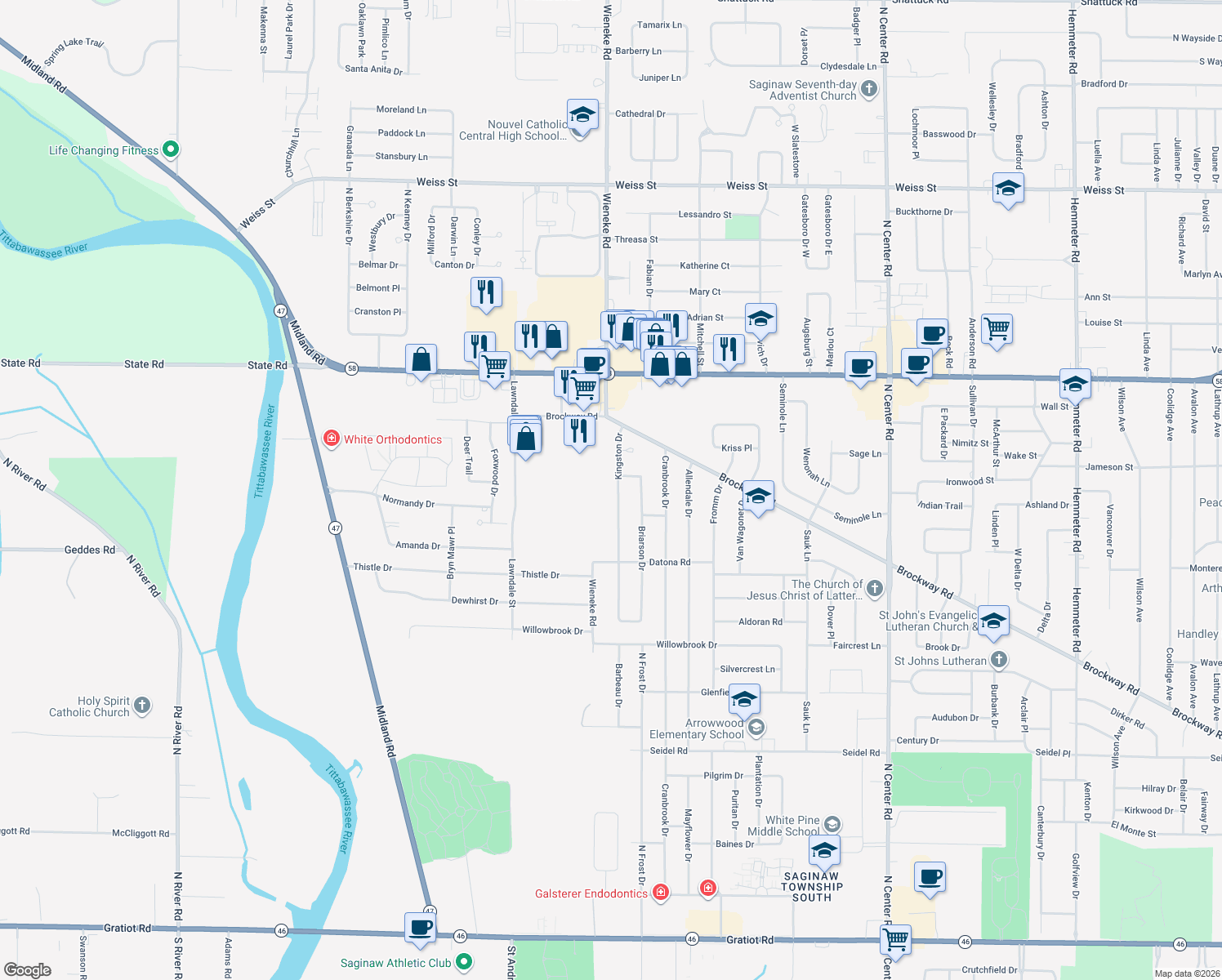 map of restaurants, bars, coffee shops, grocery stores, and more near 1681 Kingston Drive in Saginaw