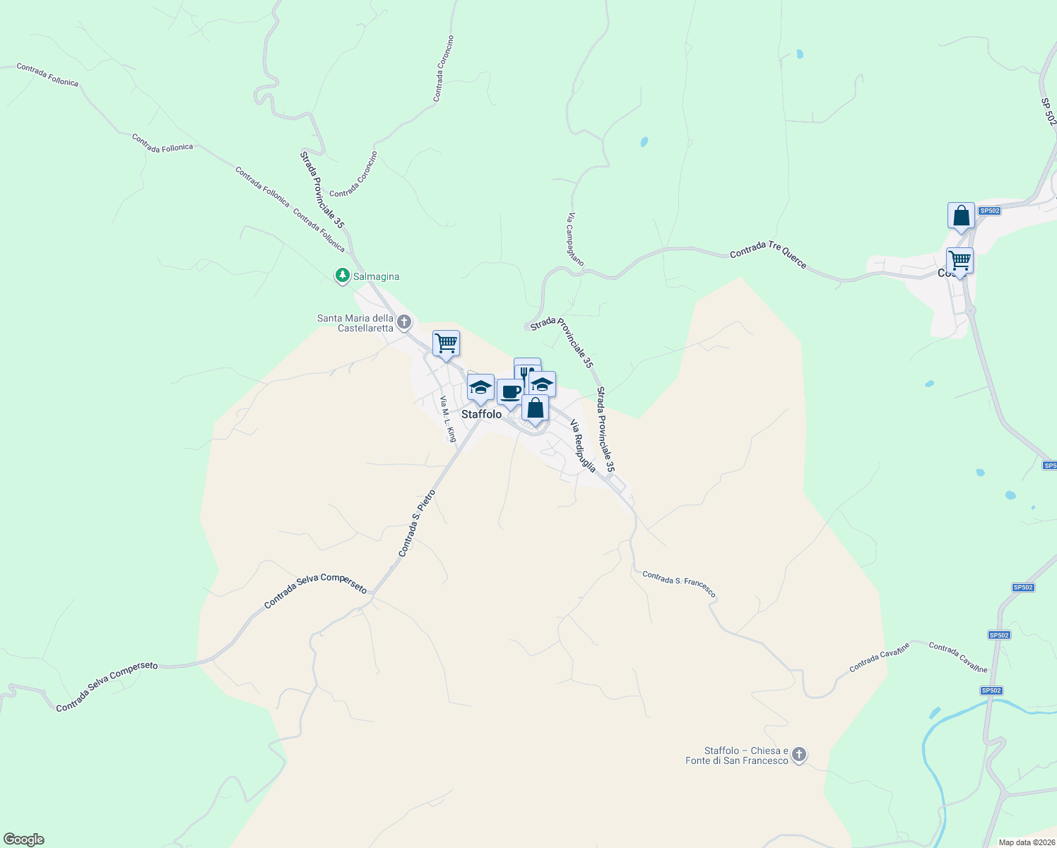 map of restaurants, bars, coffee shops, grocery stores, and more near 7 Via Concordia in Staffolo