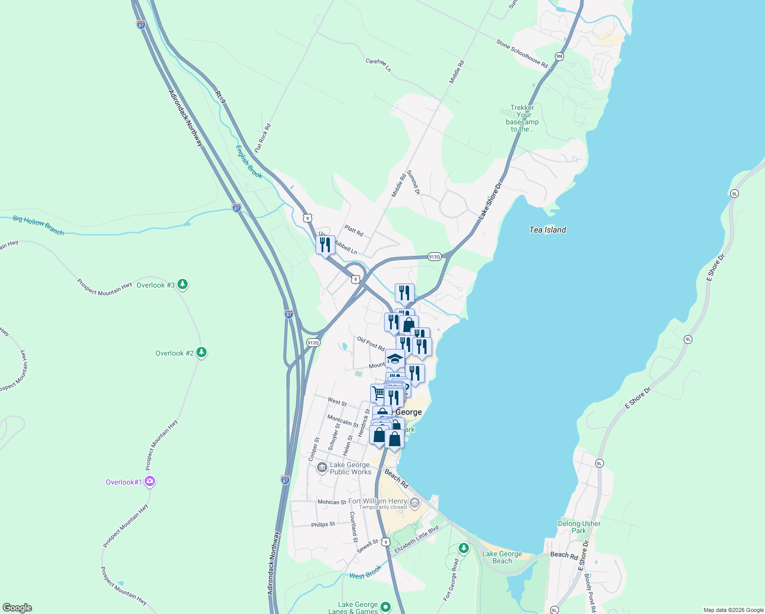 map of restaurants, bars, coffee shops, grocery stores, and more near 50 Nelson Street in Lake George