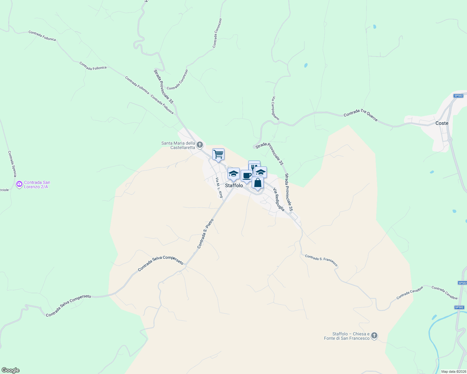 map of restaurants, bars, coffee shops, grocery stores, and more near in Staffolo