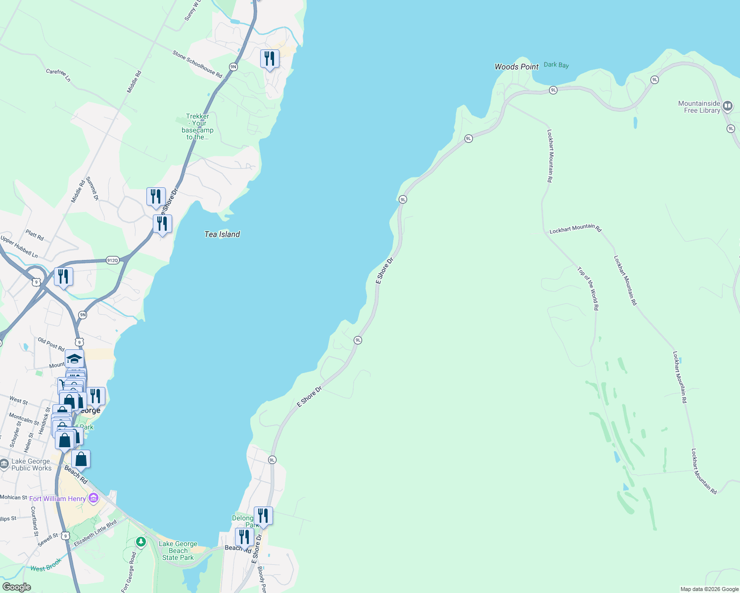 map of restaurants, bars, coffee shops, grocery stores, and more near 11 Old Lake Road in Lake George