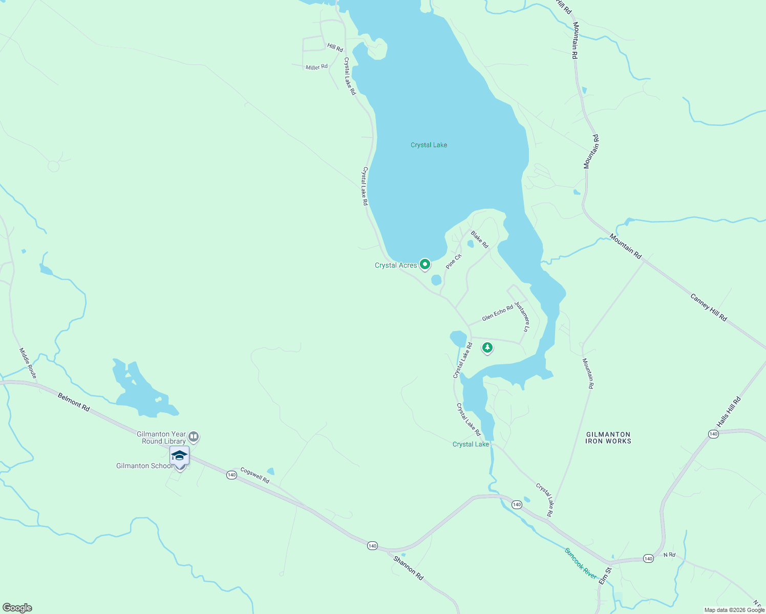 map of restaurants, bars, coffee shops, grocery stores, and more near 293 Crystal Lake Road in Gilmanton