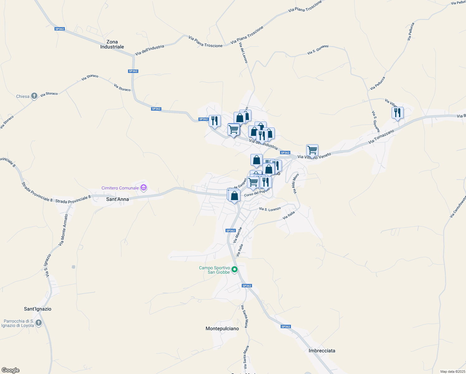map of restaurants, bars, coffee shops, grocery stores, and more near 44 Via Giulia Fonte in Filottrano