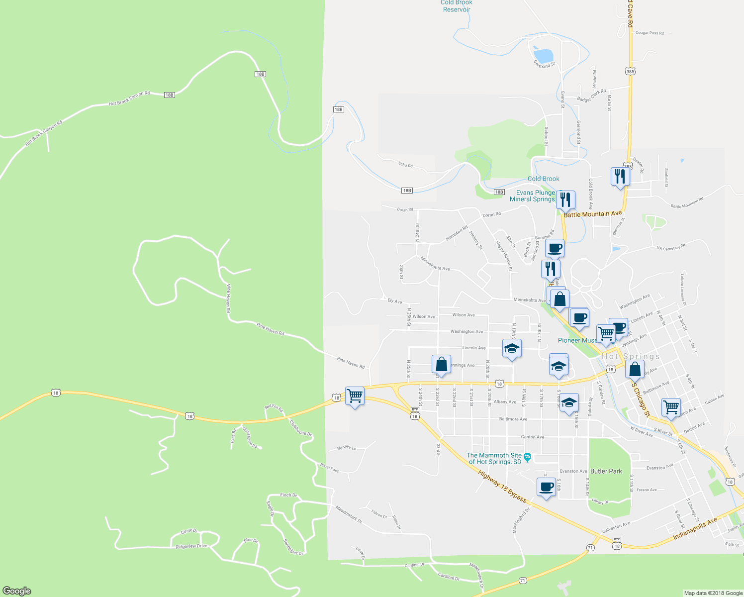 map of restaurants, bars, coffee shops, grocery stores, and more near Ely Avenue in Hot Springs