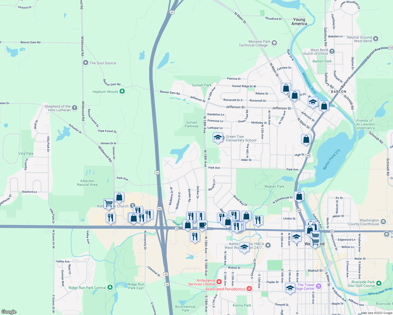 map of restaurants, bars, coffee shops, grocery stores, and more near 1140 North Glenwood Circle in West Bend