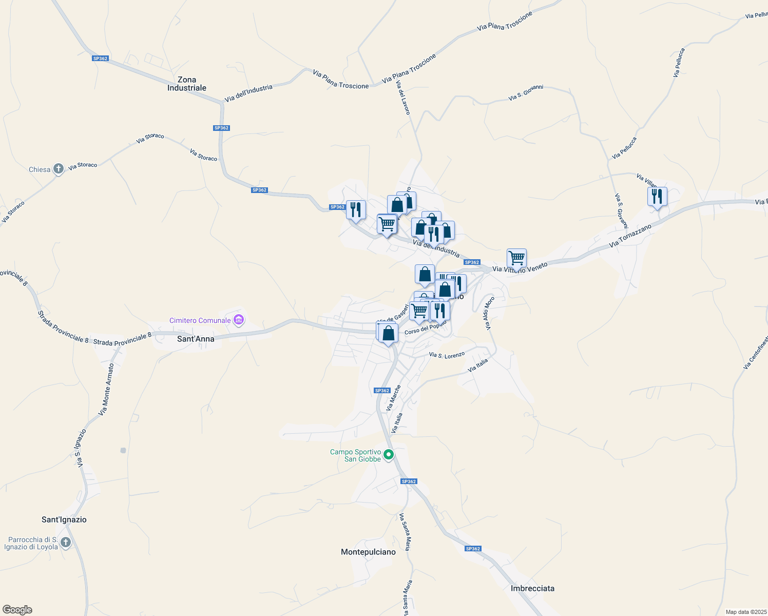 map of restaurants, bars, coffee shops, grocery stores, and more near 44 Via Giulia Fonte in Filottrano