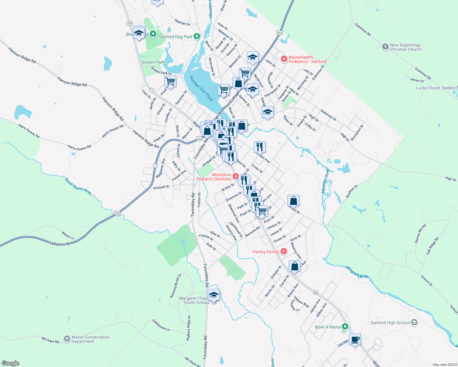 map of restaurants, bars, coffee shops, grocery stores, and more near 15 West Elm Street in Sanford