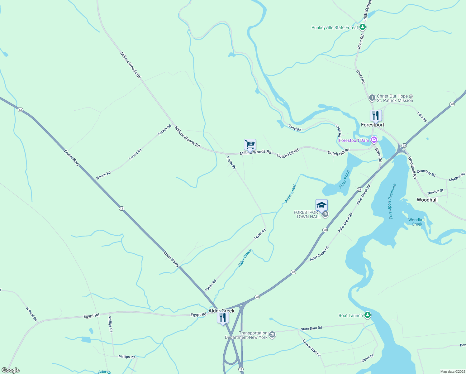 map of restaurants, bars, coffee shops, grocery stores, and more near 9863 Taylor Rd in Forestport