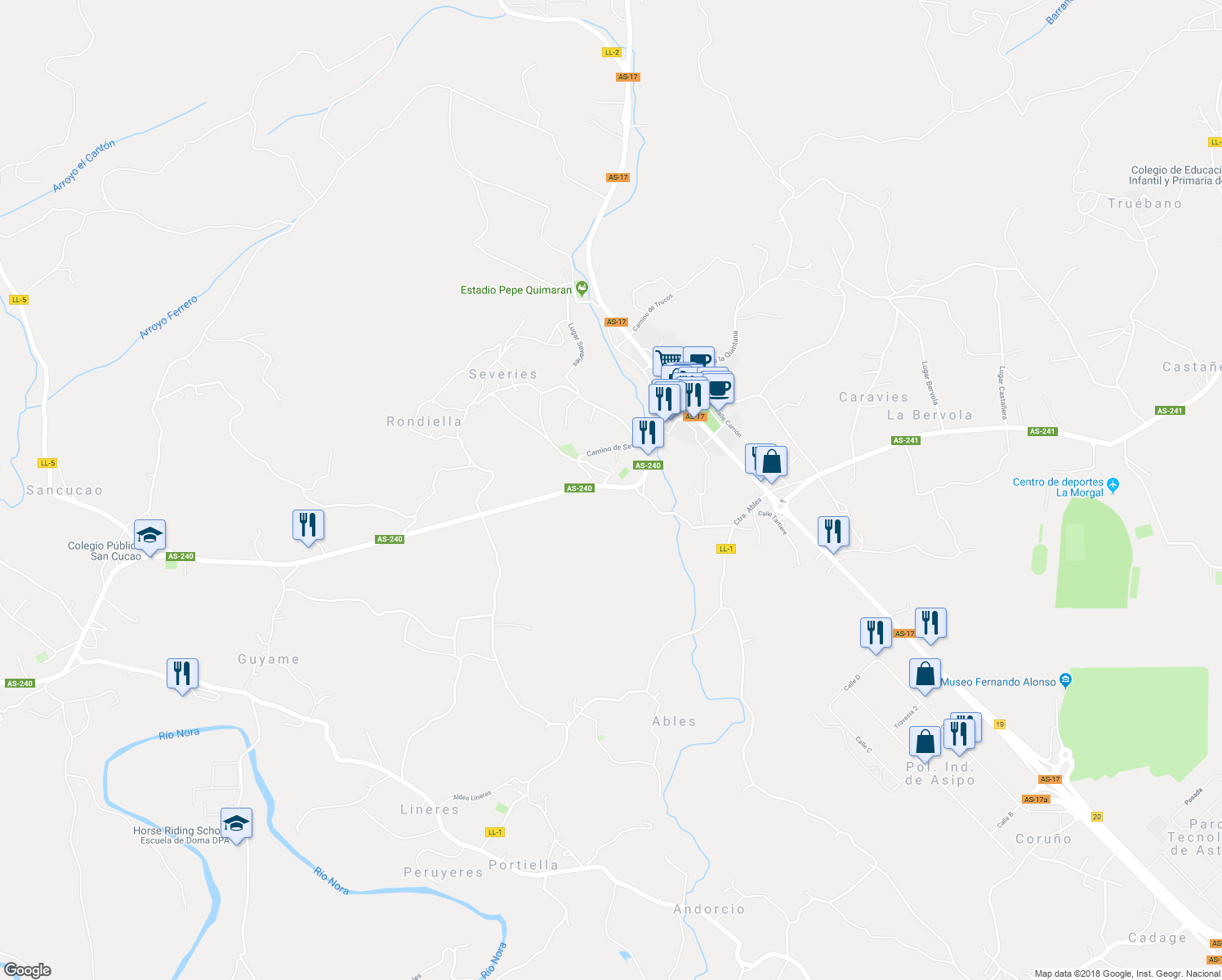 map of restaurants, bars, coffee shops, grocery stores, and more near 111 Carretera de San Cucao in Asturias