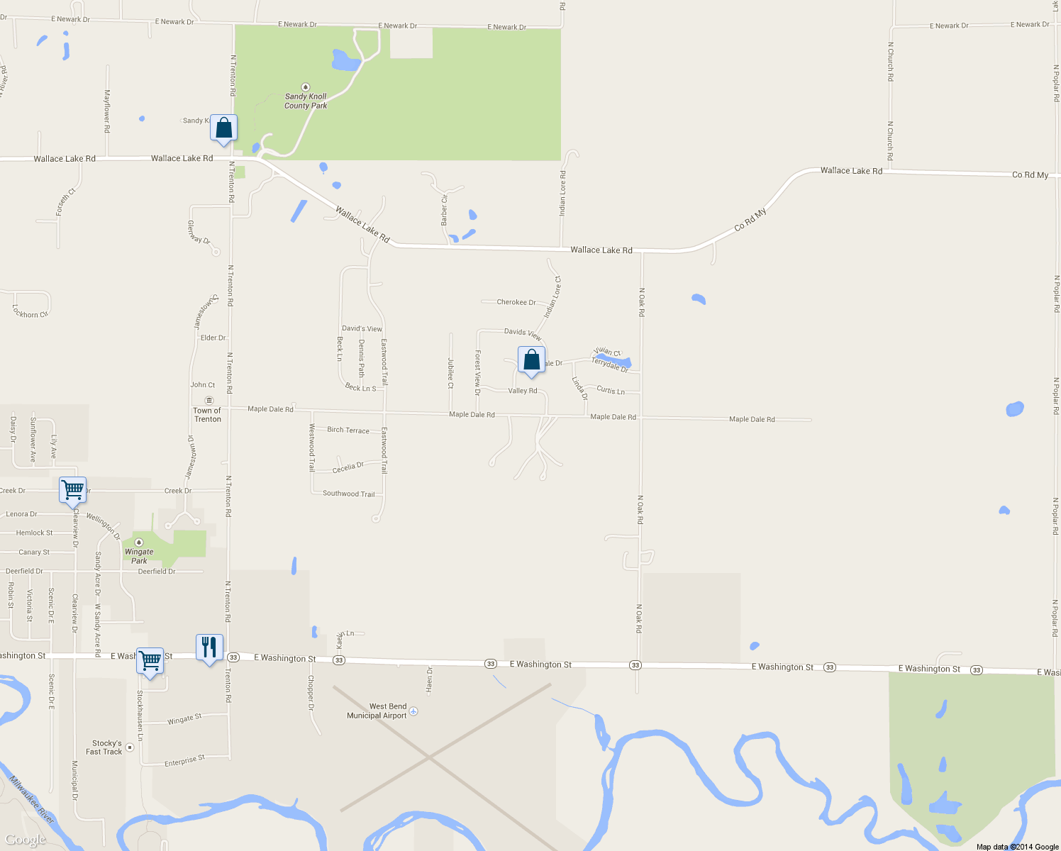 map of restaurants, bars, coffee shops, grocery stores, and more near 1731 Maple Dale Road in West Bend
