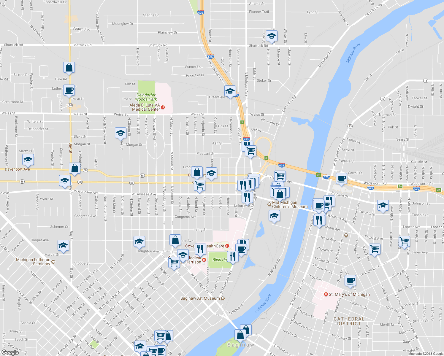 map of restaurants, bars, coffee shops, grocery stores, and more near 2116 Stark Street in Saginaw