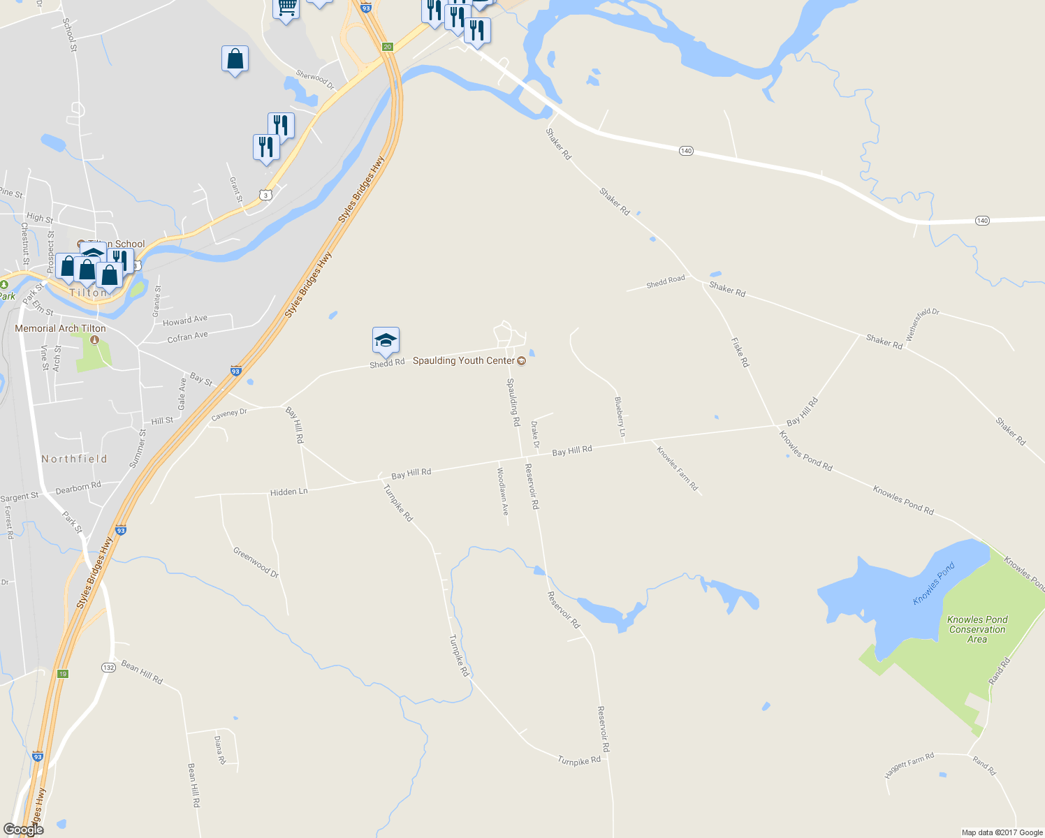 map of restaurants, bars, coffee shops, grocery stores, and more near 16 Drake Drive in Northfield