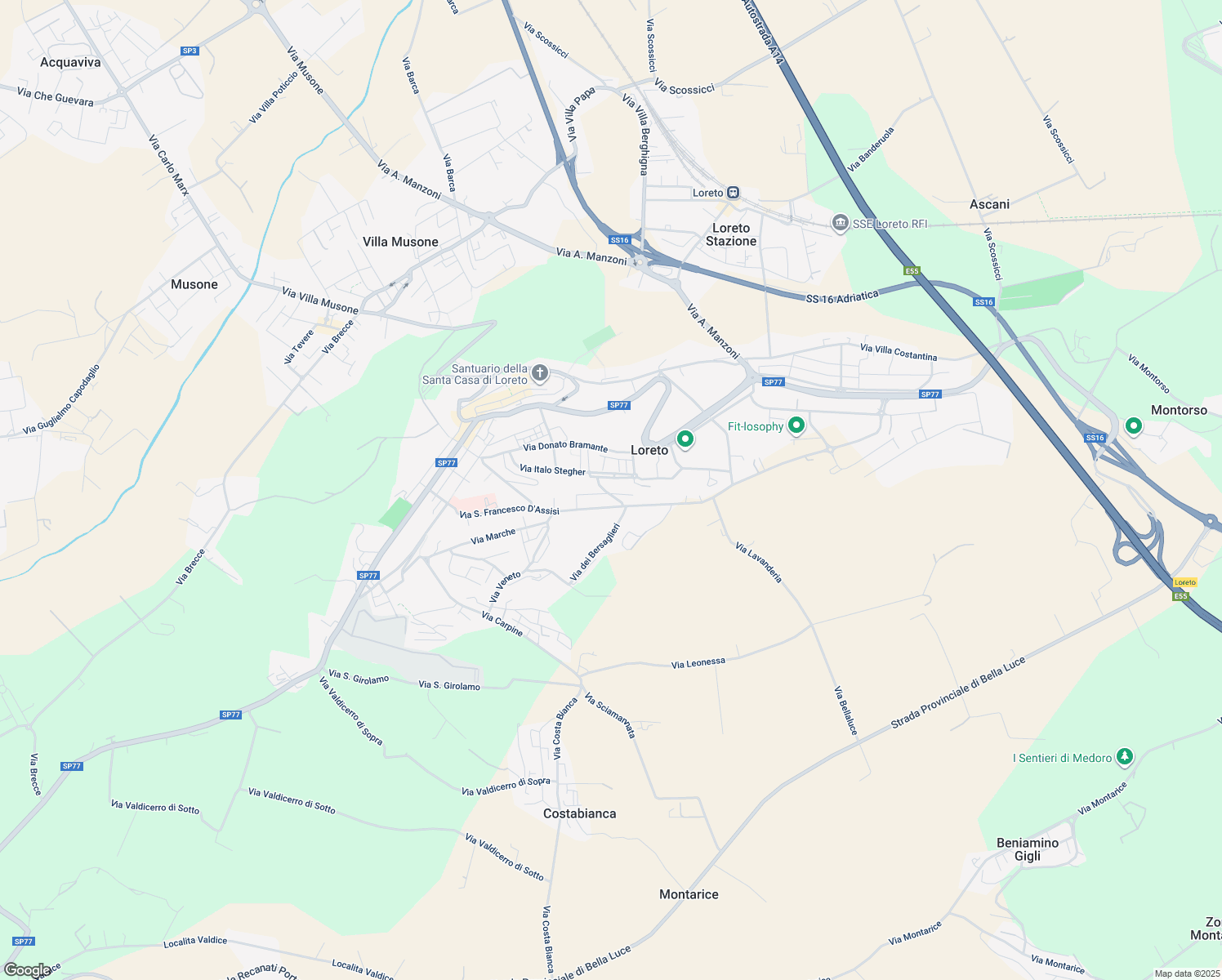 map of restaurants, bars, coffee shops, grocery stores, and more near 5 Via Tebaldini in Loreto