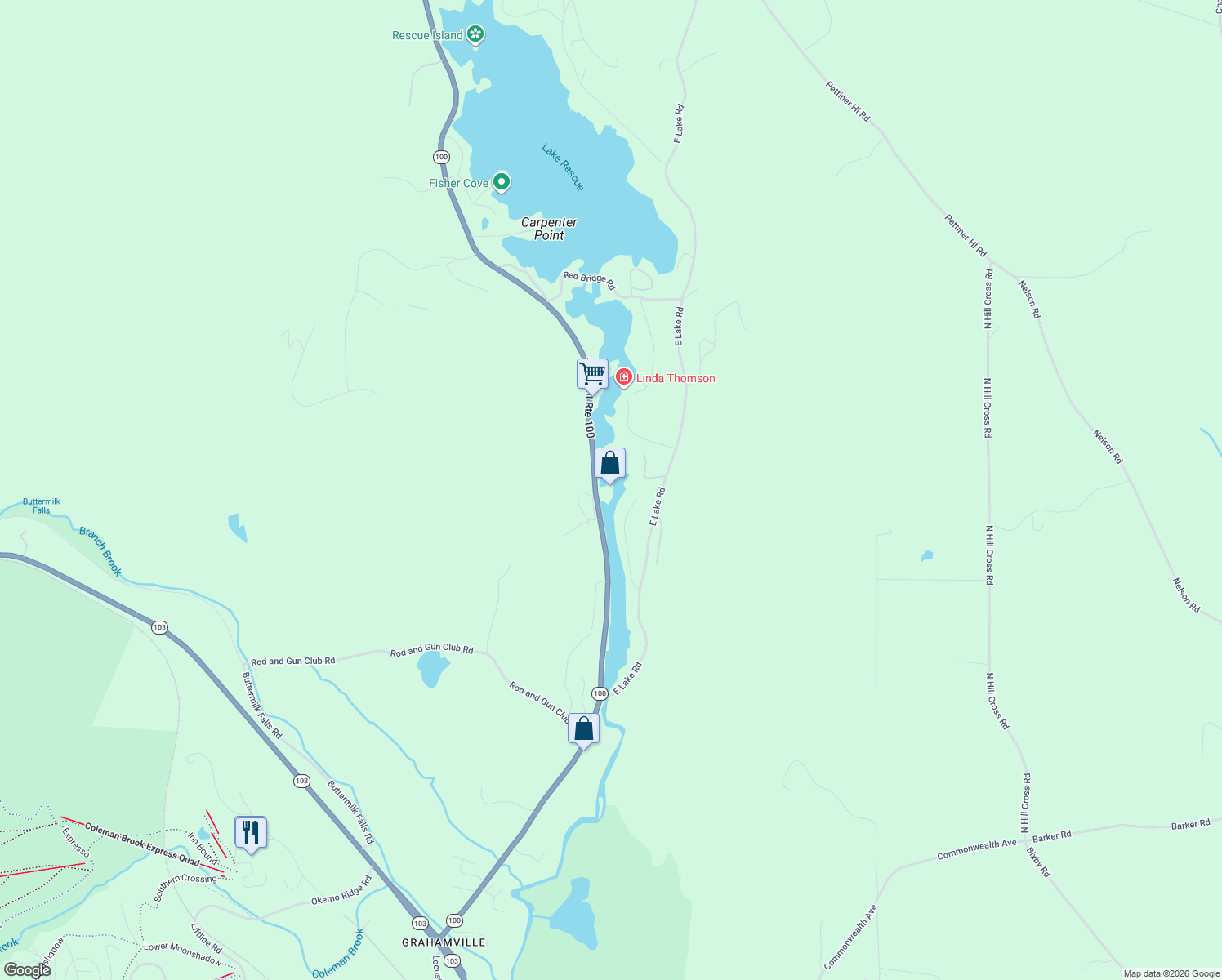 map of restaurants, bars, coffee shops, grocery stores, and more near 696 Vermont 100 in Windsor County