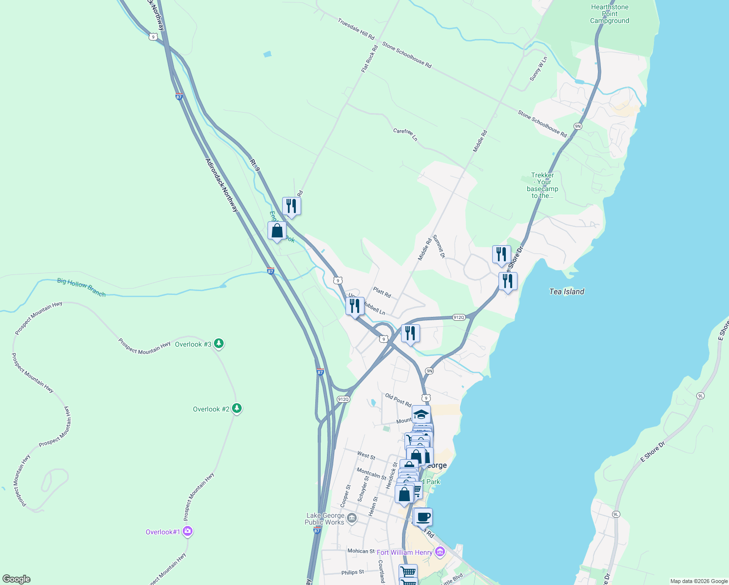 map of restaurants, bars, coffee shops, grocery stores, and more near 5 Platt Rd in Lake George