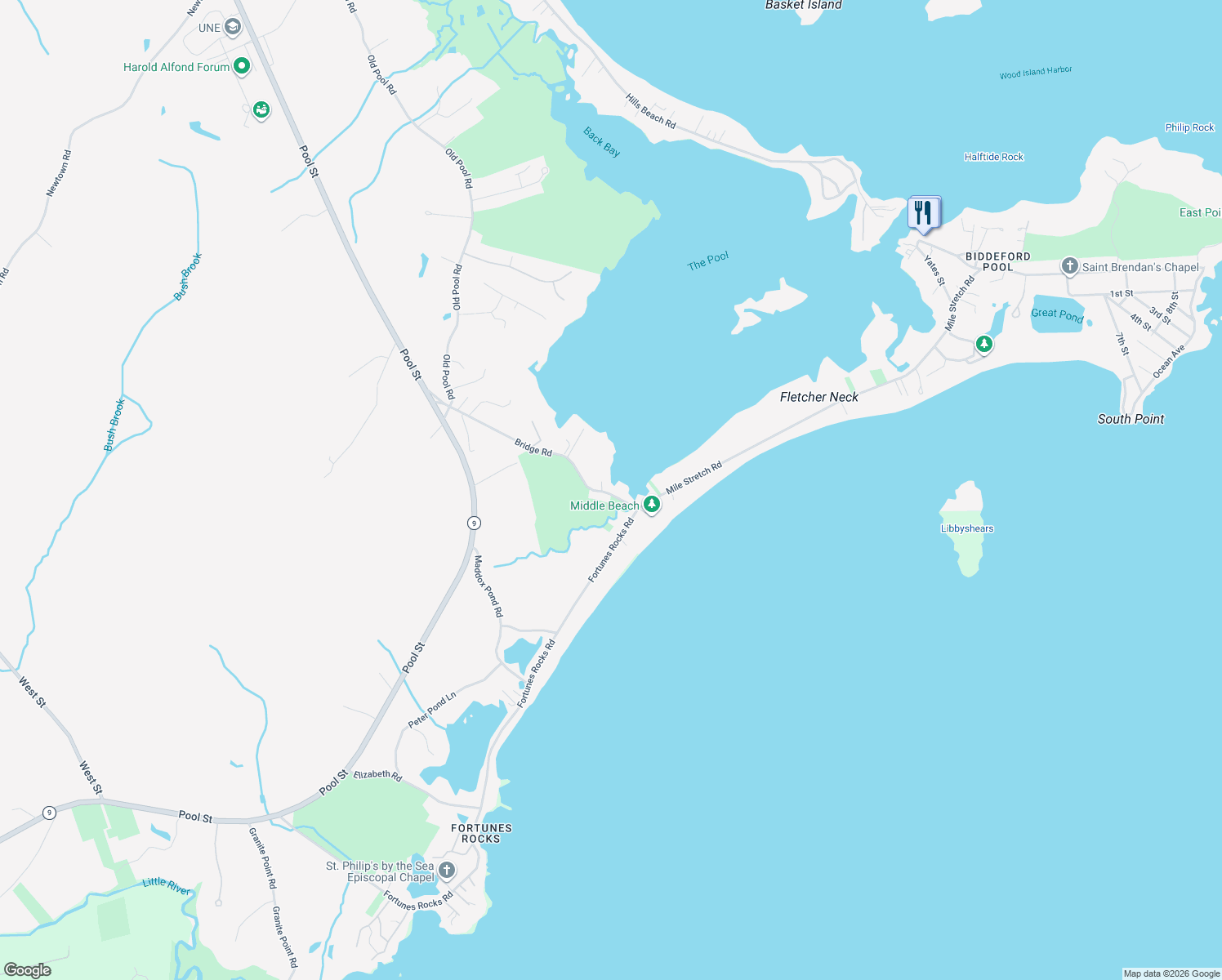 map of restaurants, bars, coffee shops, grocery stores, and more near 69 Bridge Road in Biddeford
