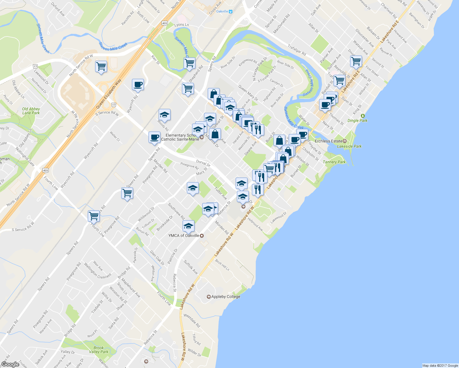 map of restaurants, bars, coffee shops, grocery stores, and more near 190 Dorval Drive in Oakville
