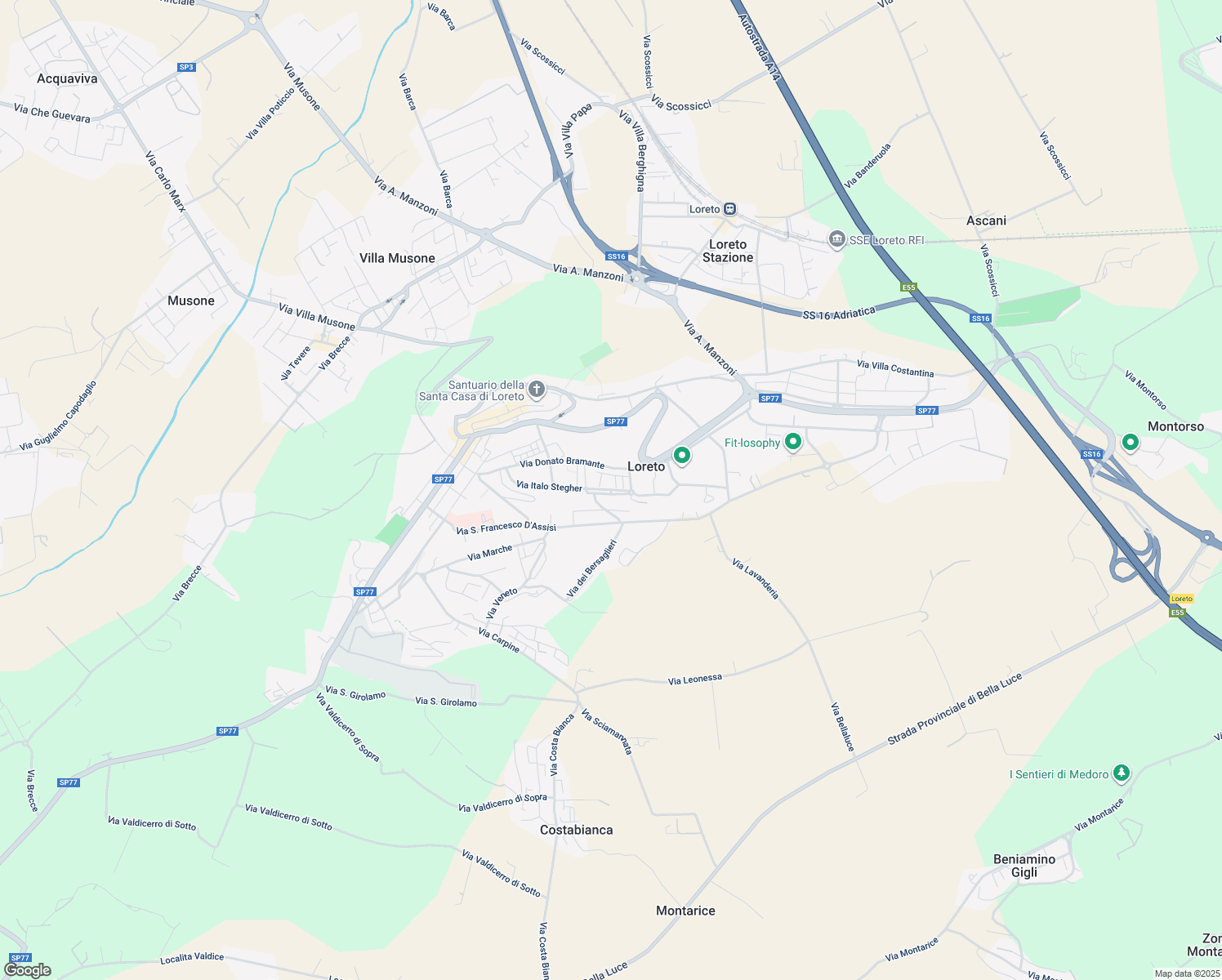 map of restaurants, bars, coffee shops, grocery stores, and more near 5 Via Tebaldini in Loreto