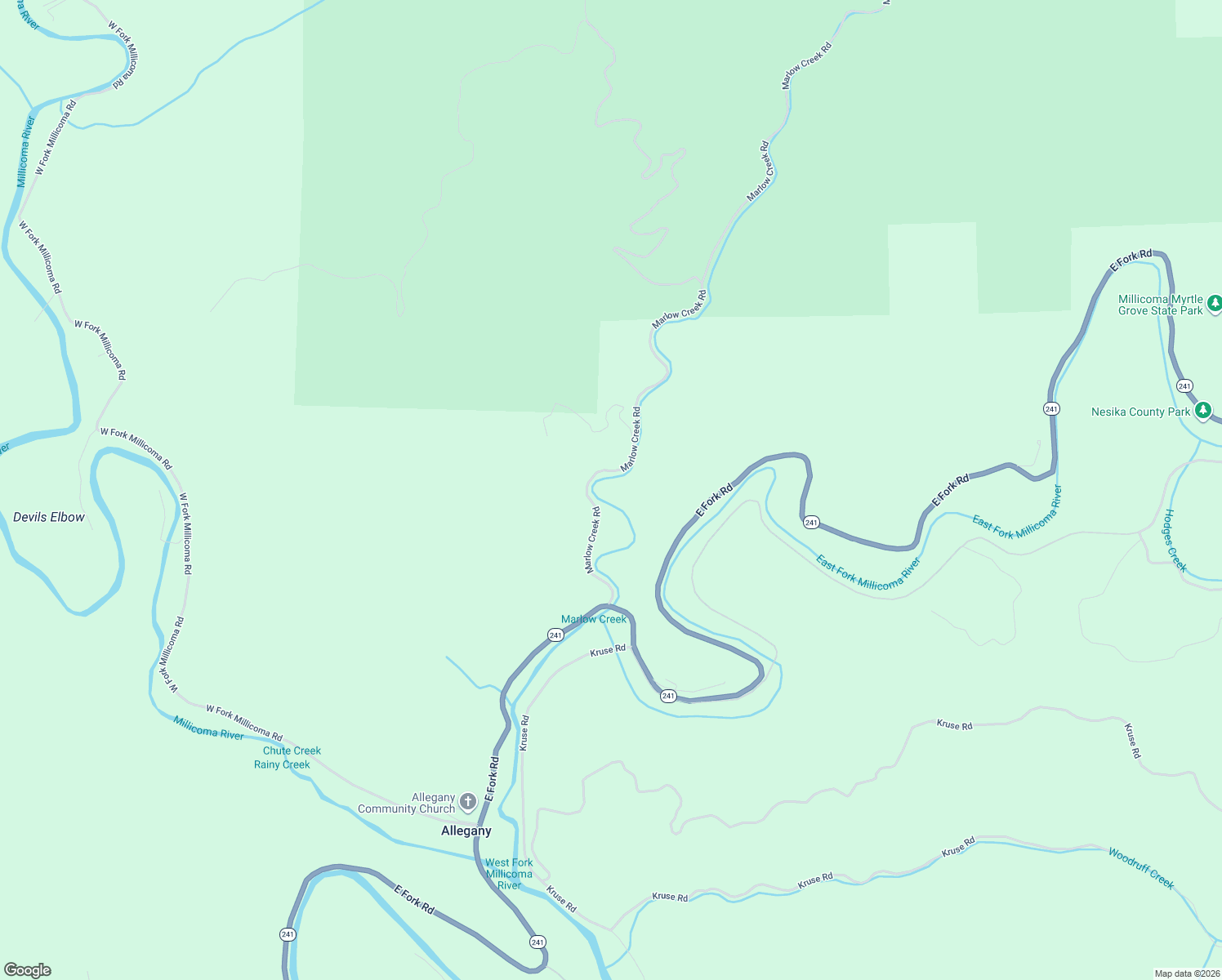 map of restaurants, bars, coffee shops, grocery stores, and more near 67085 Marlow Creek Road in Coos Bay