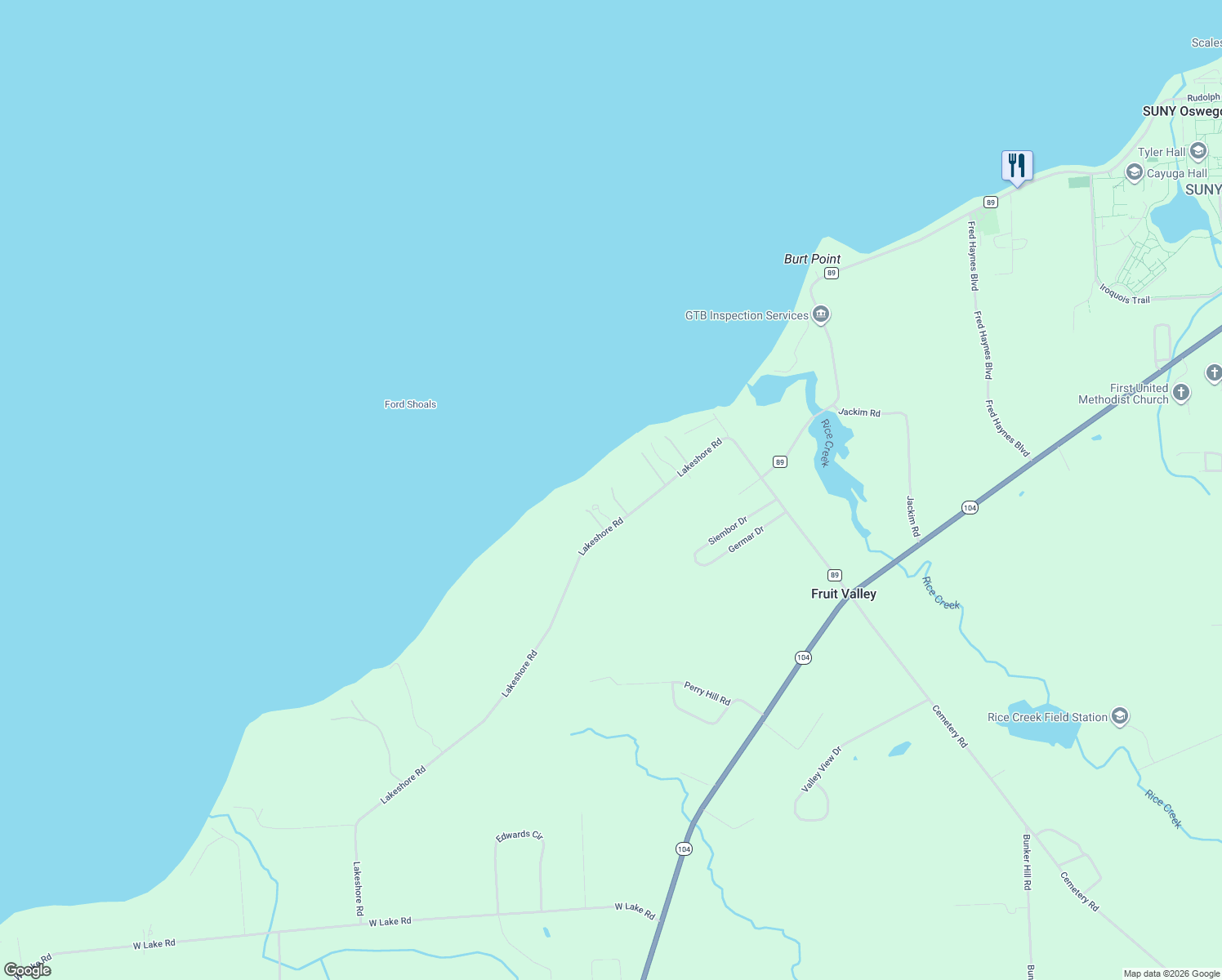 map of restaurants, bars, coffee shops, grocery stores, and more near 102 Lakeshore Rd in Oswego