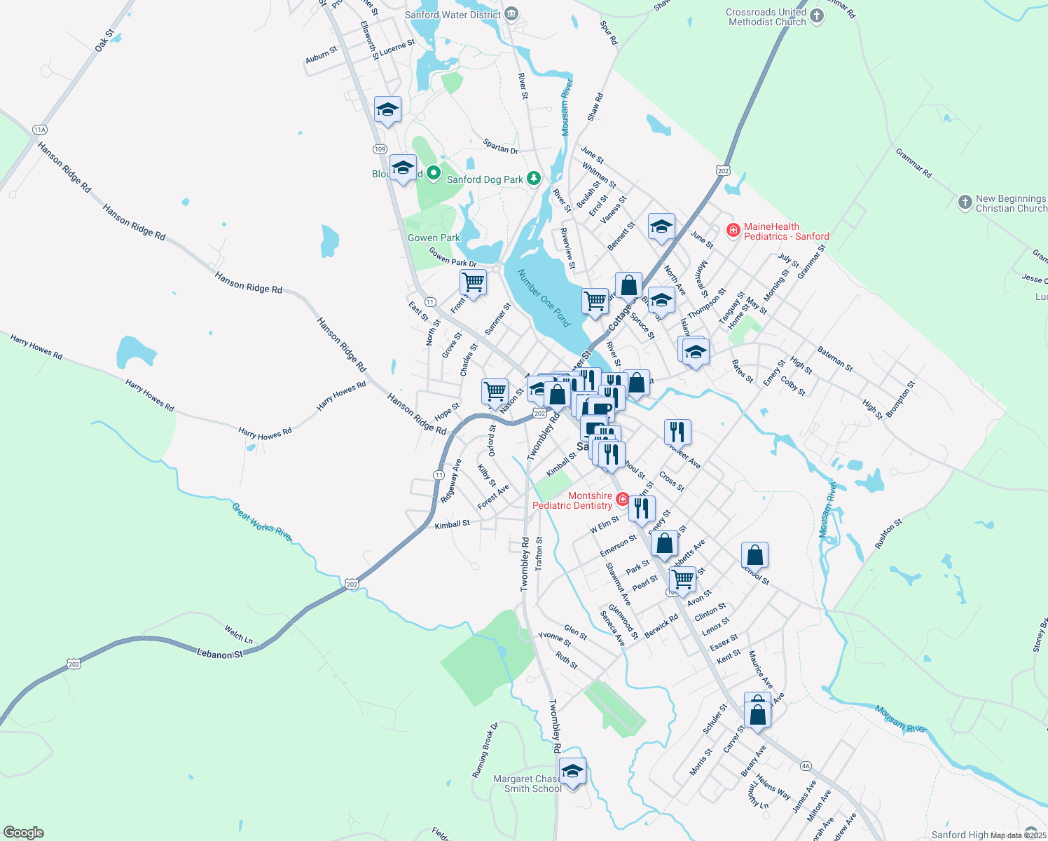map of restaurants, bars, coffee shops, grocery stores, and more near 2 Berwick Avenue in Sanford