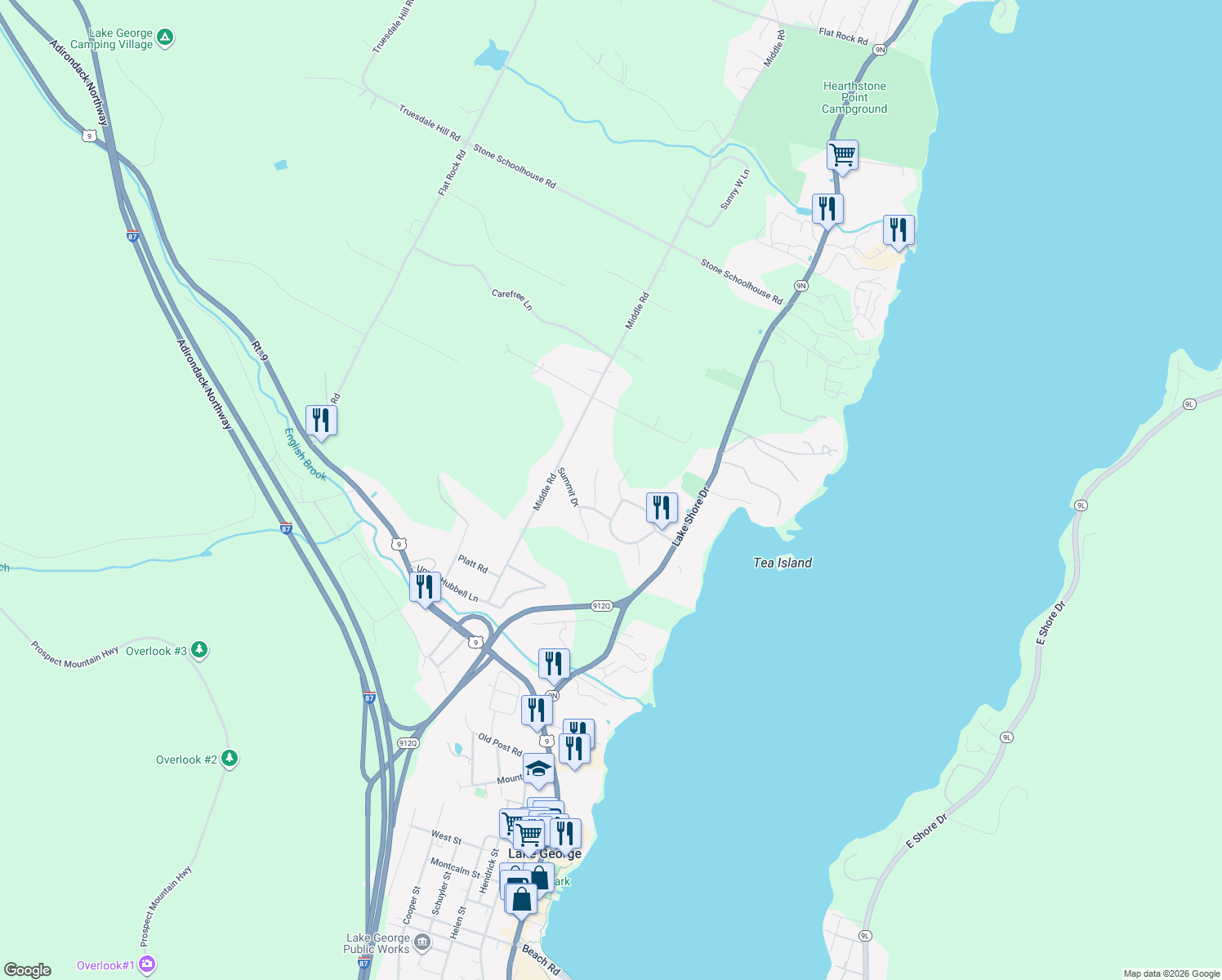map of restaurants, bars, coffee shops, grocery stores, and more near 7 Brook Dr in Lake George