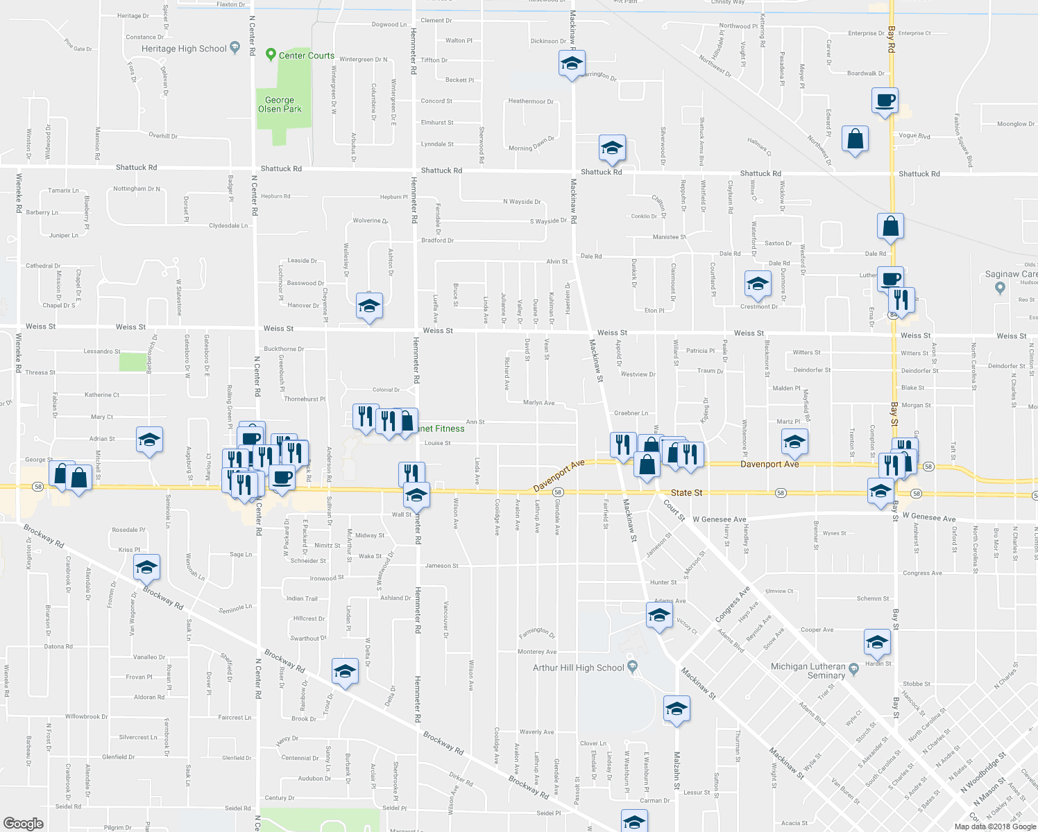map of restaurants, bars, coffee shops, grocery stores, and more near 4180 Ann Street in Saginaw