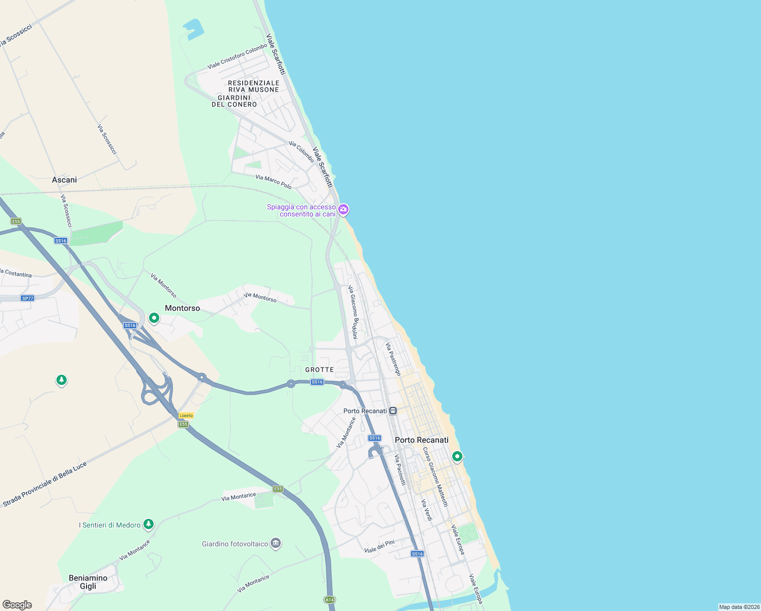 map of restaurants, bars, coffee shops, grocery stores, and more near 62 Piazza della Marina in Porto Recanati