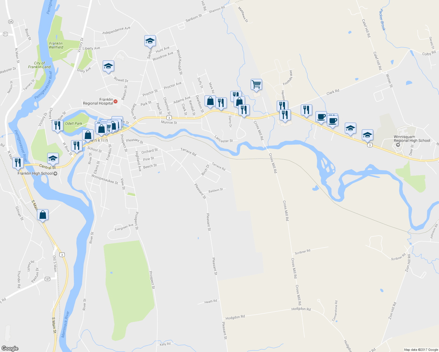 map of restaurants, bars, coffee shops, grocery stores, and more near 25 Cricket Hill Way in Franklin