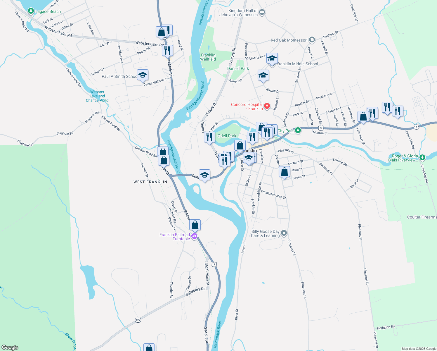 map of restaurants, bars, coffee shops, grocery stores, and more near 132 Central Street in Franklin