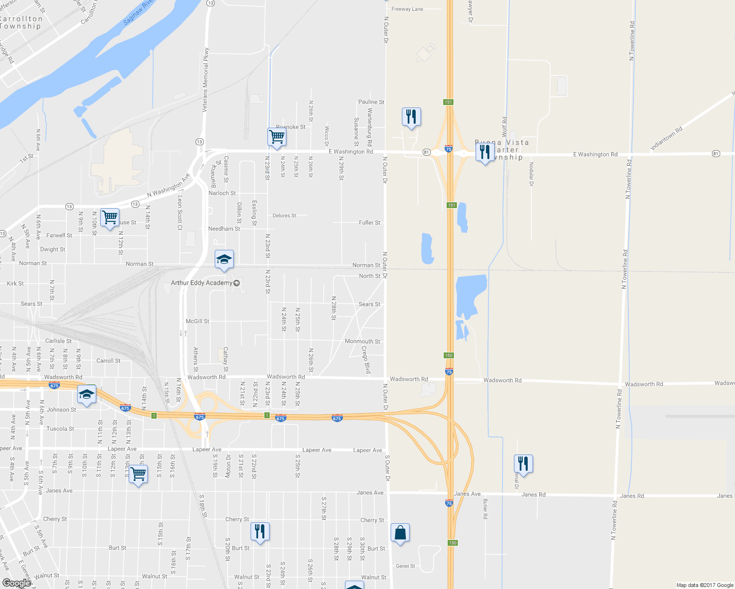 map of restaurants, bars, coffee shops, grocery stores, and more near 919 Kinney Boulevard in Saginaw