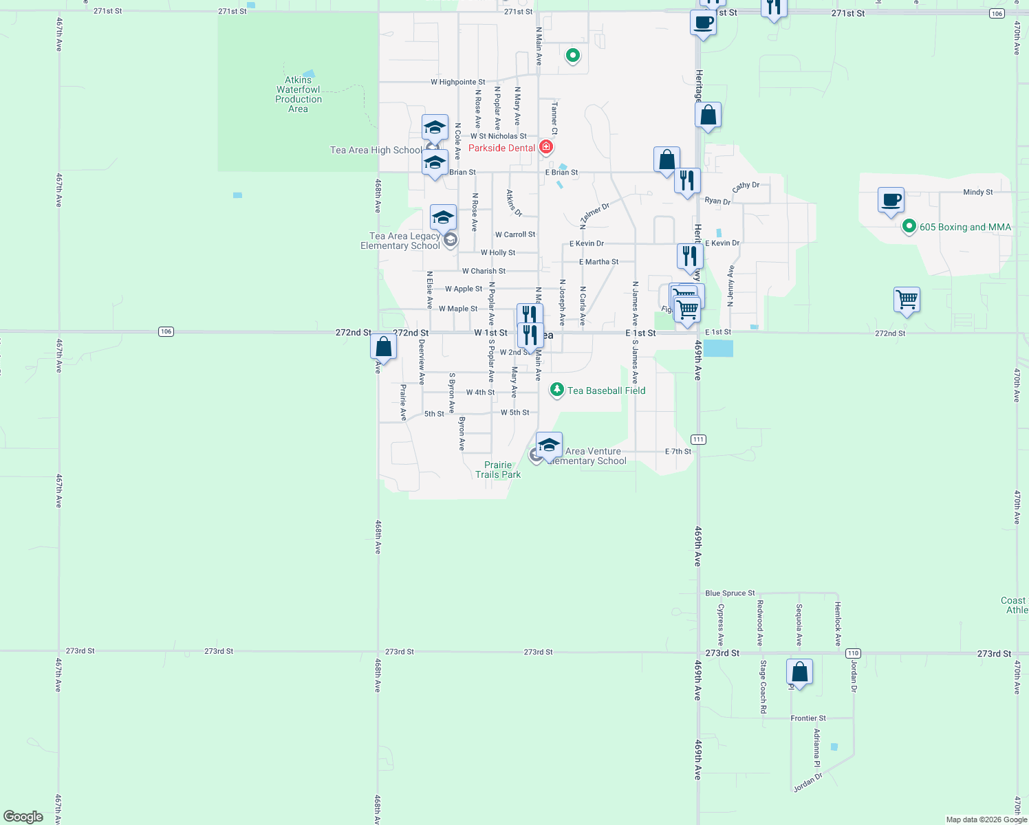 map of restaurants, bars, coffee shops, grocery stores, and more near 199 W 5th St in Tea