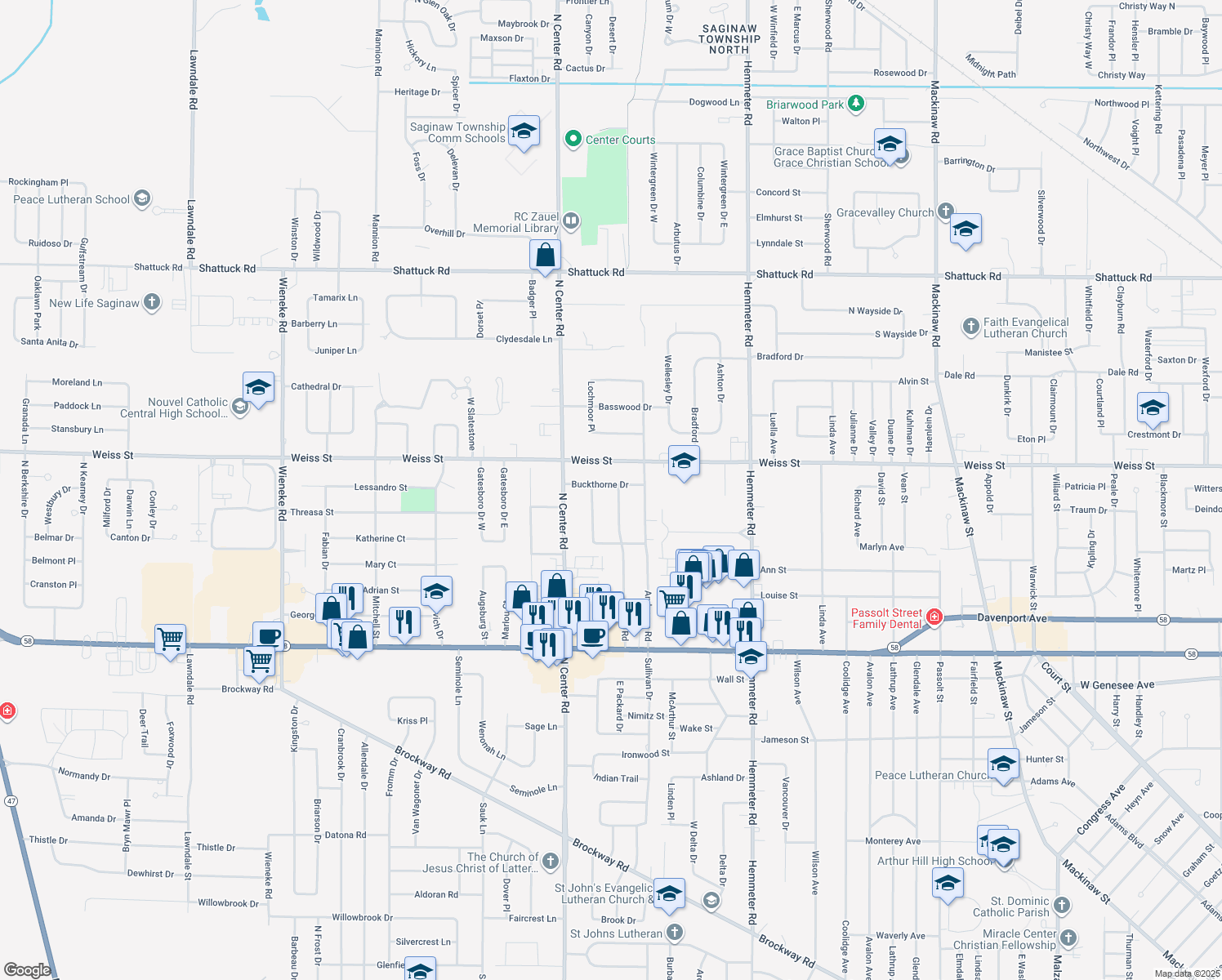map of restaurants, bars, coffee shops, grocery stores, and more near 2425 Bock Road in Saginaw