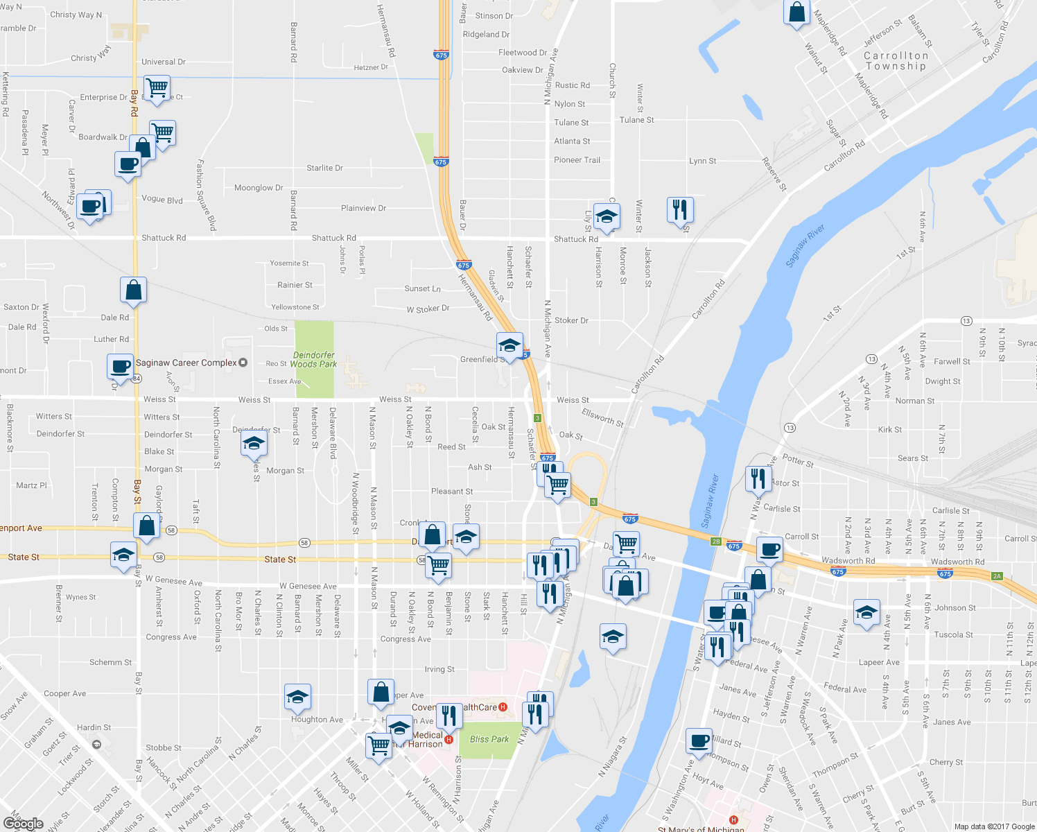 map of restaurants, bars, coffee shops, grocery stores, and more near 2626 Hermansau Street in Saginaw