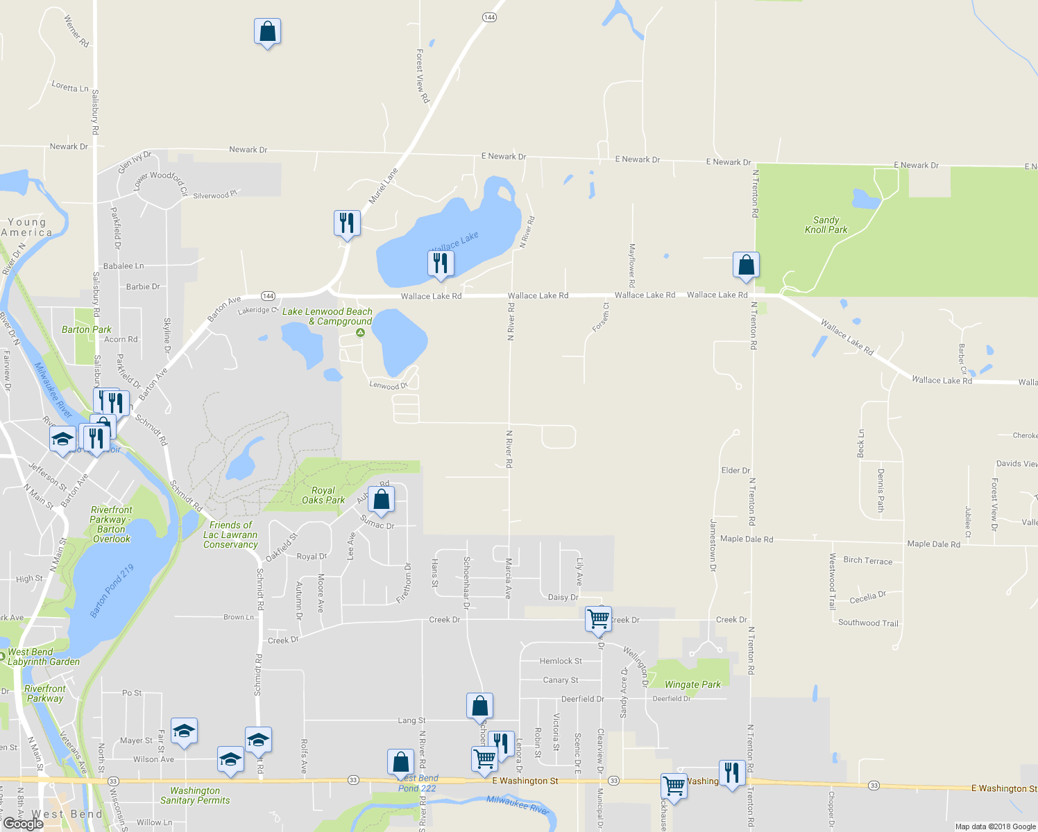 map of restaurants, bars, coffee shops, grocery stores, and more near 6930 North River Road in West Bend