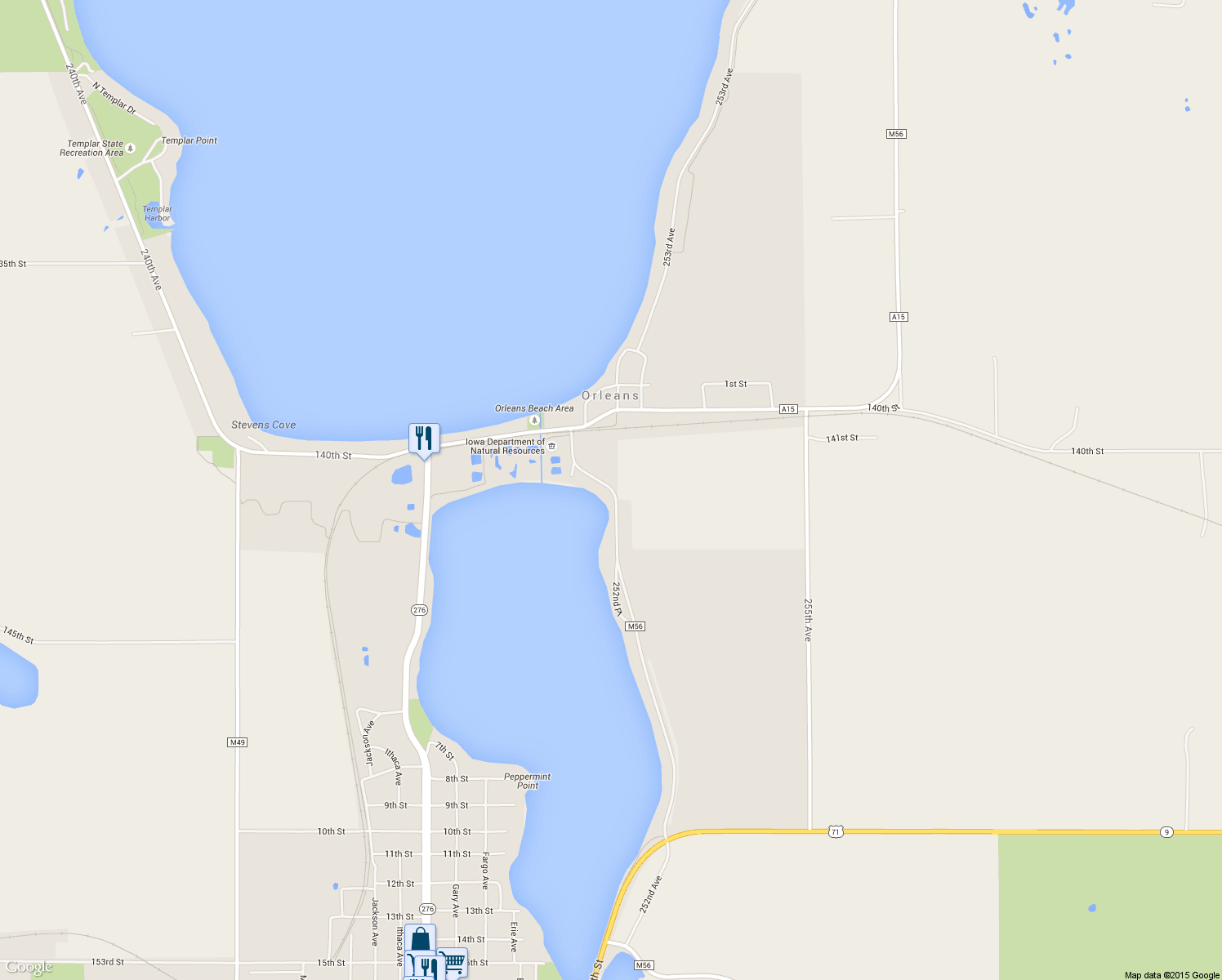 map of restaurants, bars, coffee shops, grocery stores, and more near 14205 Pioneer Beach Rd in Spirit Lake