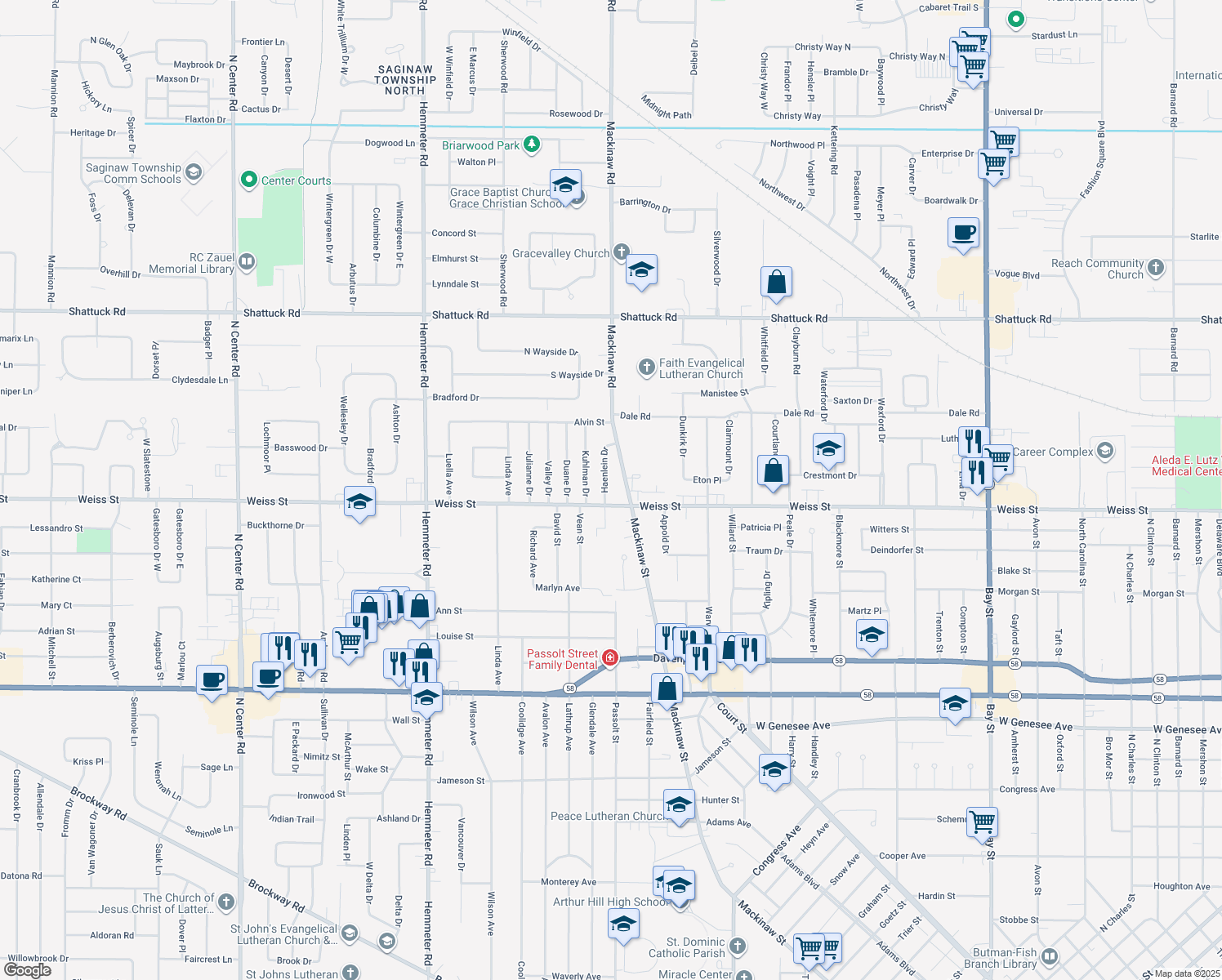 map of restaurants, bars, coffee shops, grocery stores, and more near 2540 Haenlein Drive in Saginaw